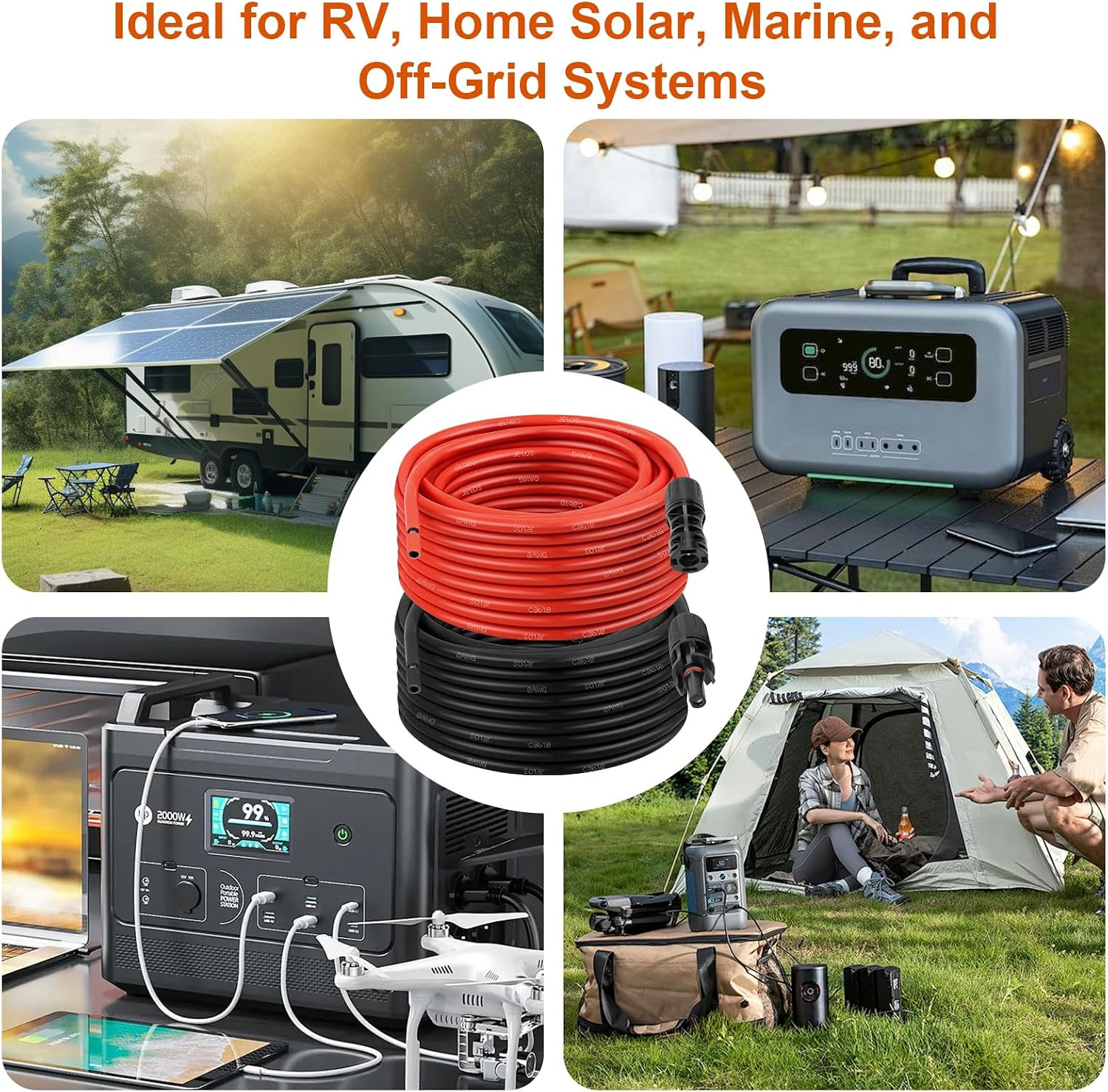 Solar Extension Cable 8AWG 30FT, Red and Black PV Wire with Solar Connectors