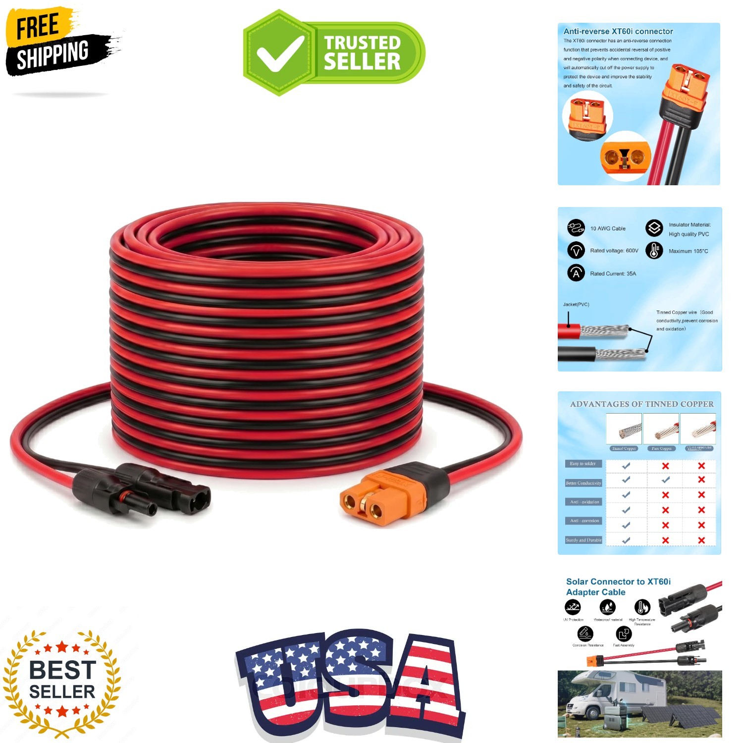 Solar to XT60i Cable 10AWG 25FT Solar Panel to XT60i Adapter Connector XT60i-…