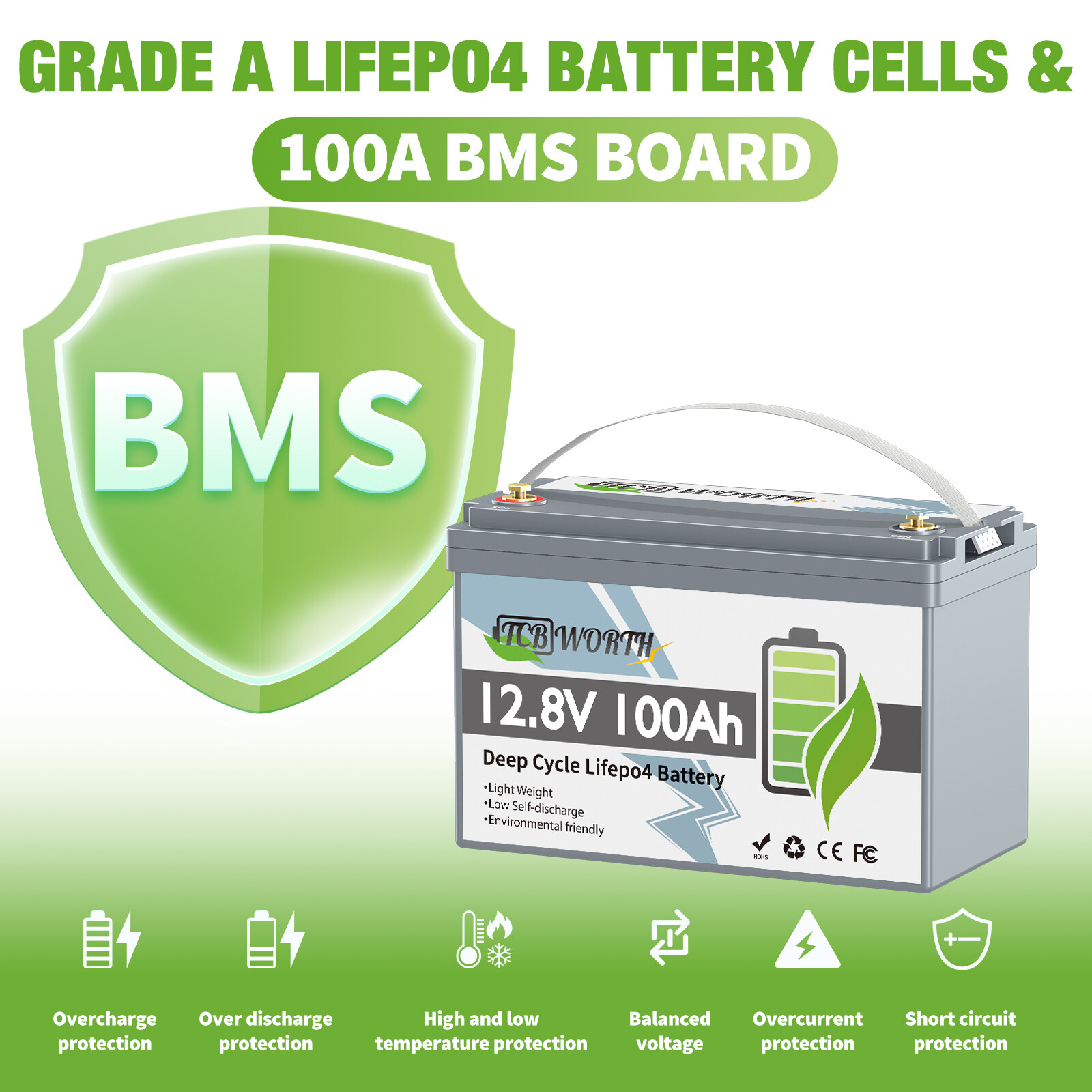 12V 100Ah LiFePO4 Lithium Battery BMS for Solar RV Off-grid Trolling Motor Boat
