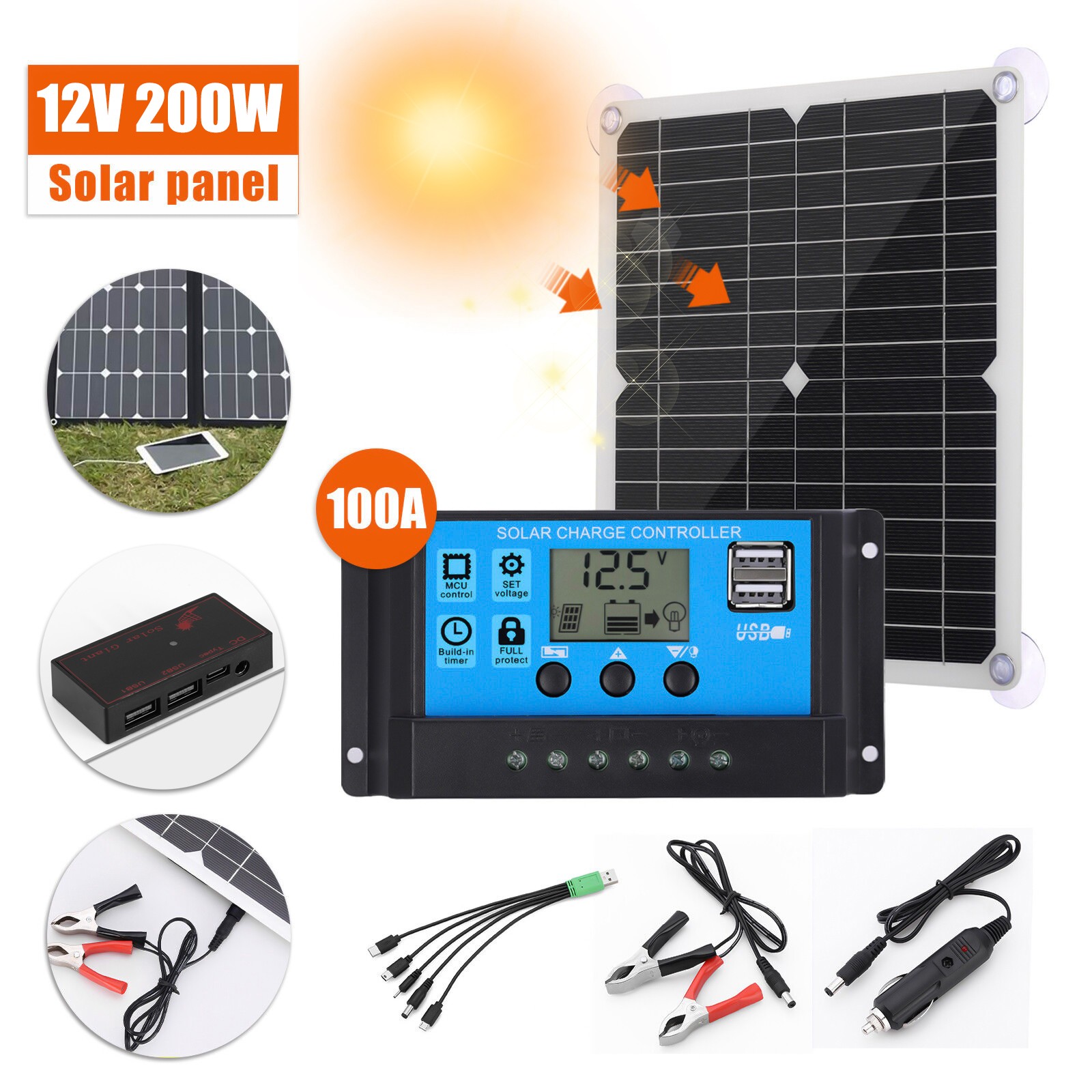 200W Solar Panel Kit 12V Battery Charger w/ 100A Controller For Car Caravan Boat