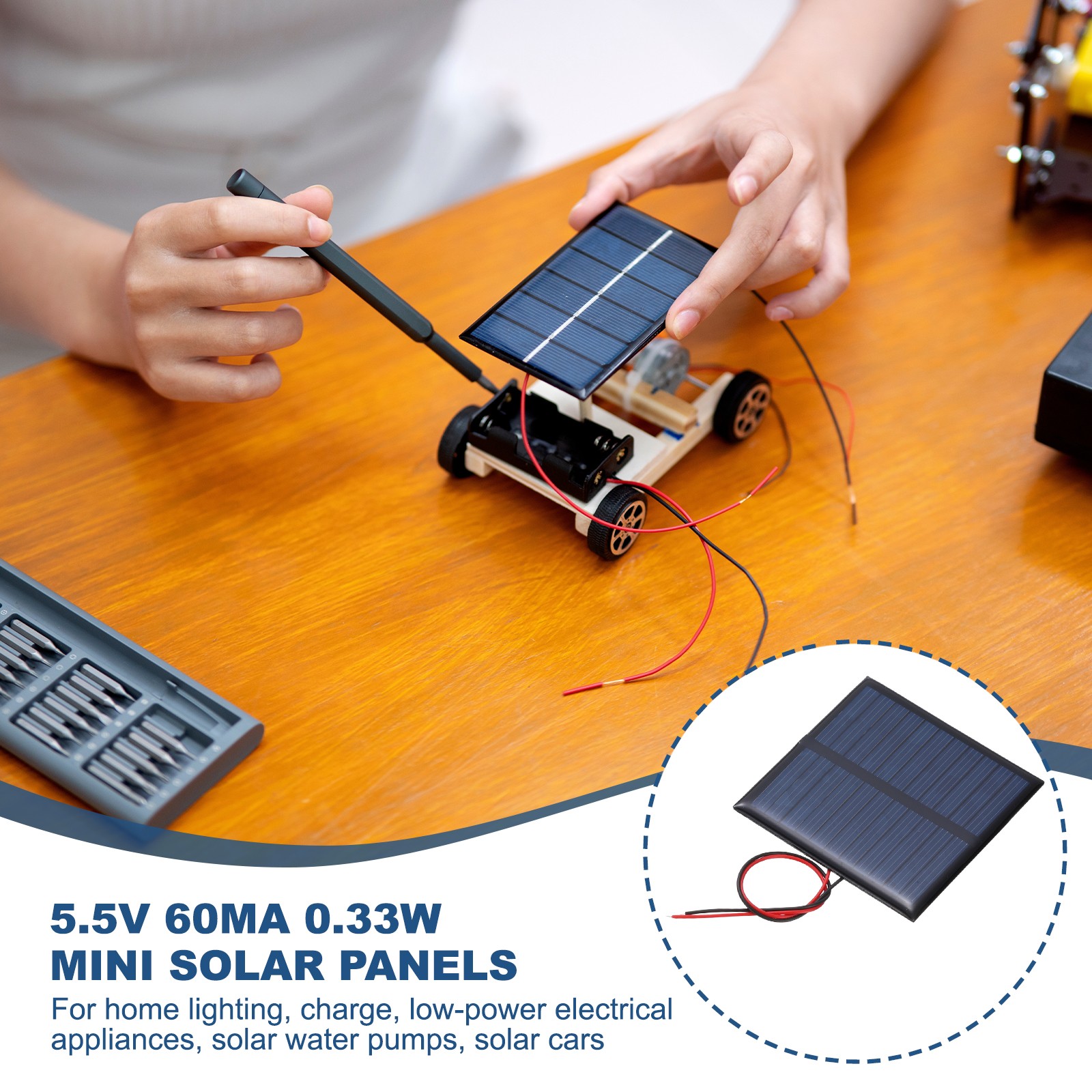 2Pcs 5.5V 0.33W 60mA Mini Solar Panels with Cable