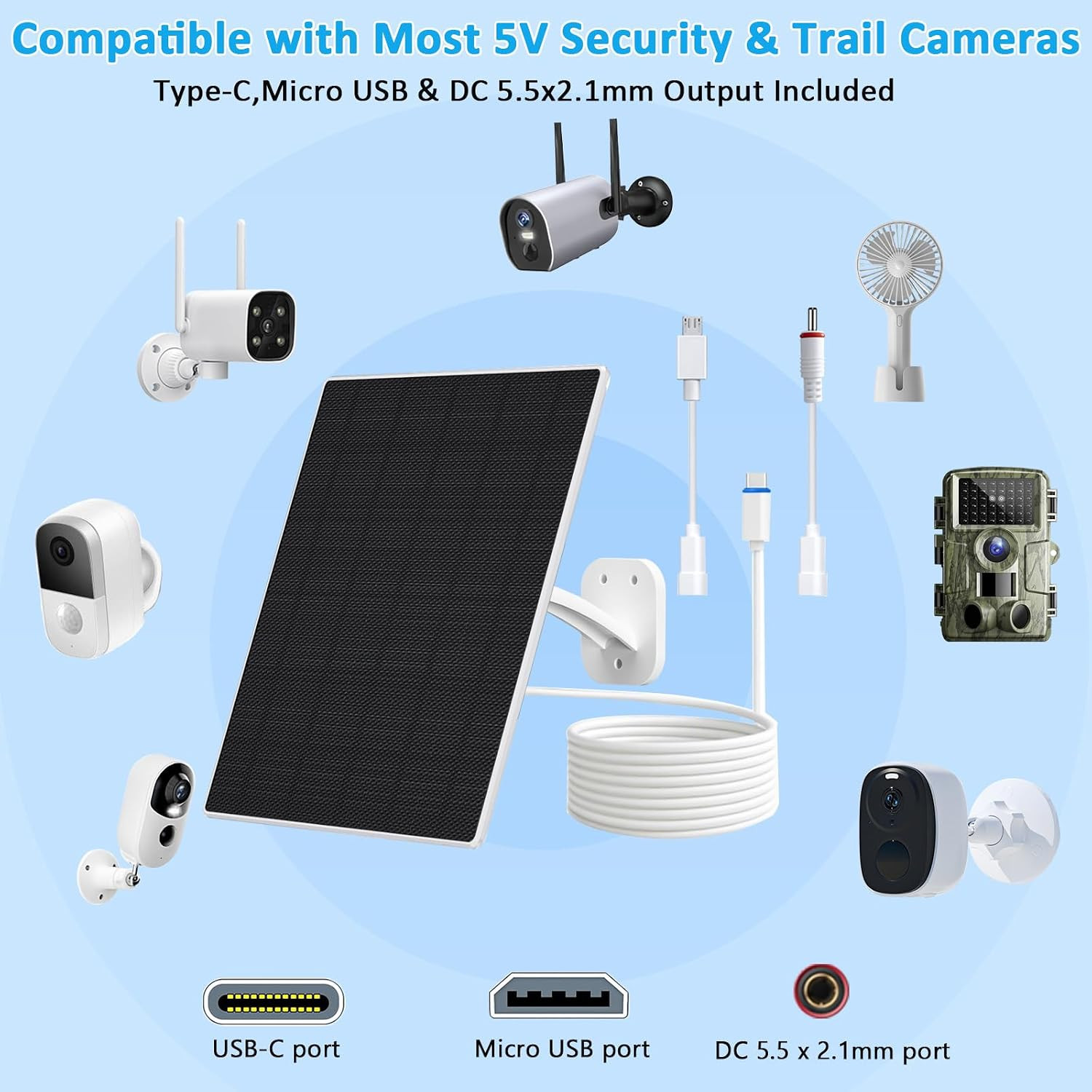 Solar Panel for Security Camera, 10W Solar Charger with DC 5.5X2.1Mm, USB-C & Mi