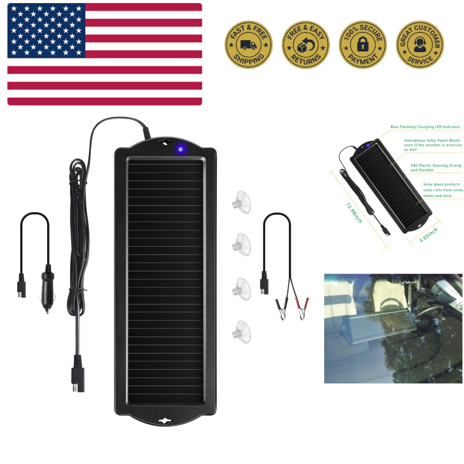 Car Battery Trickle Charger & Maintainer 12V Solar Panel Power Battery Charge…
