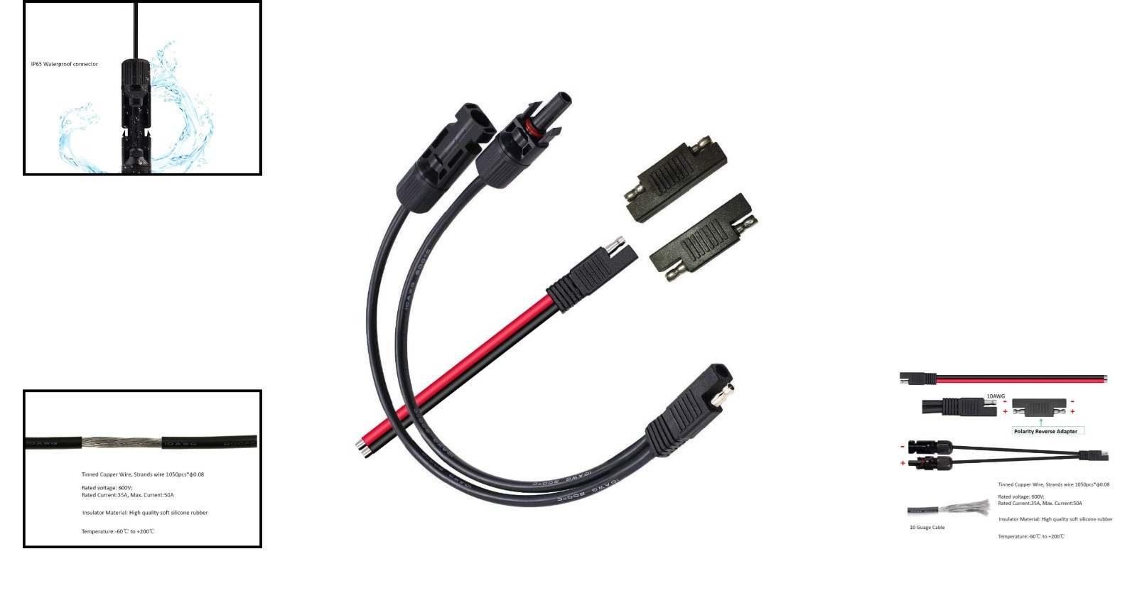 High-Quality 10AWG MC-4 to SAE Solar Cable – Weatherproof with Polarity Adapters