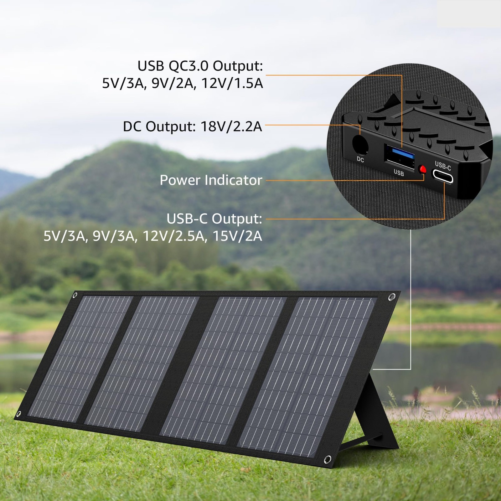 40W Foldable Solar Panel for Portable Power Station, QC3.0 USB, 12-15V DC, 10 Co
