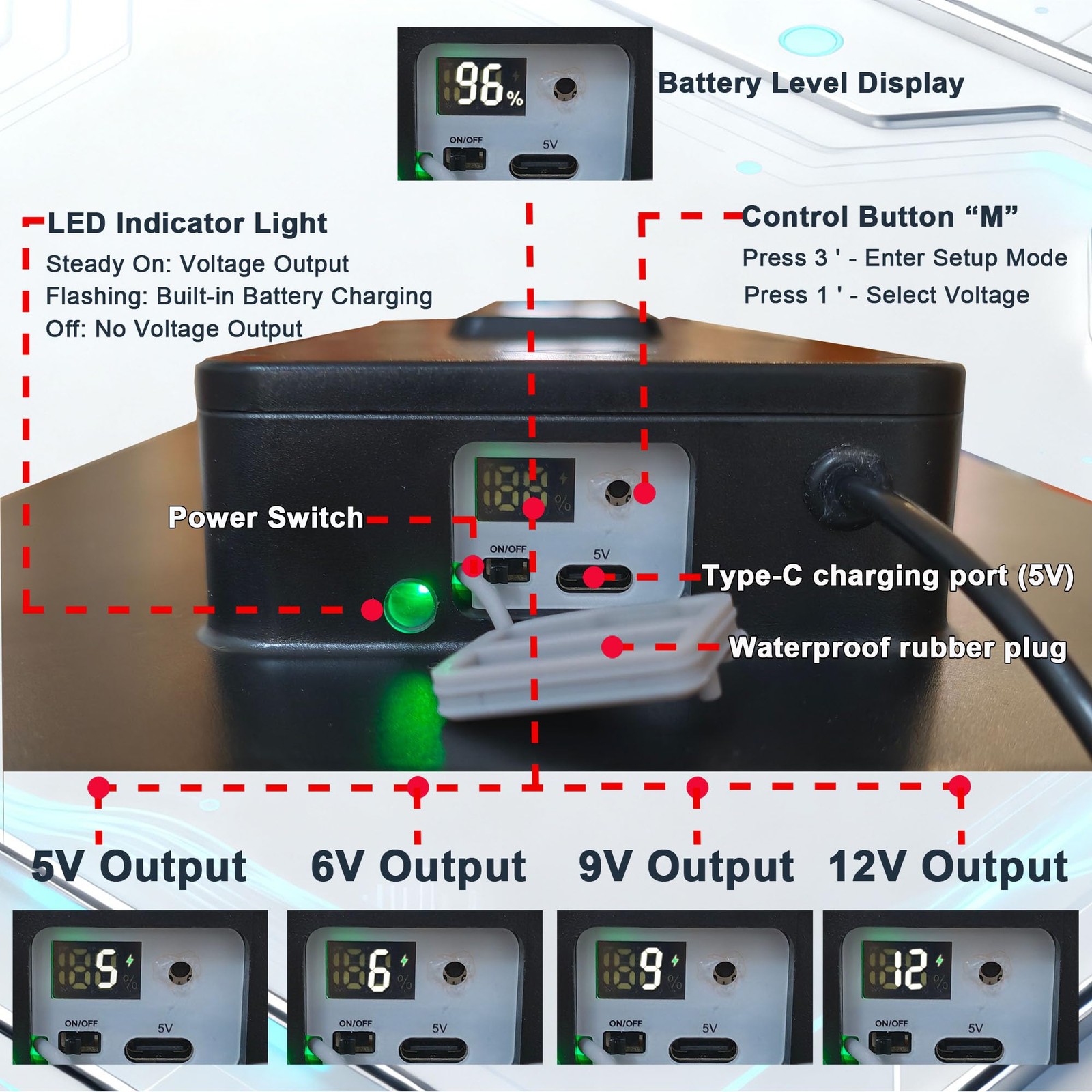 15W Solar Panel Kit with Built-in 16000mAh Battery Voltage: 5V/6V/9V/12V