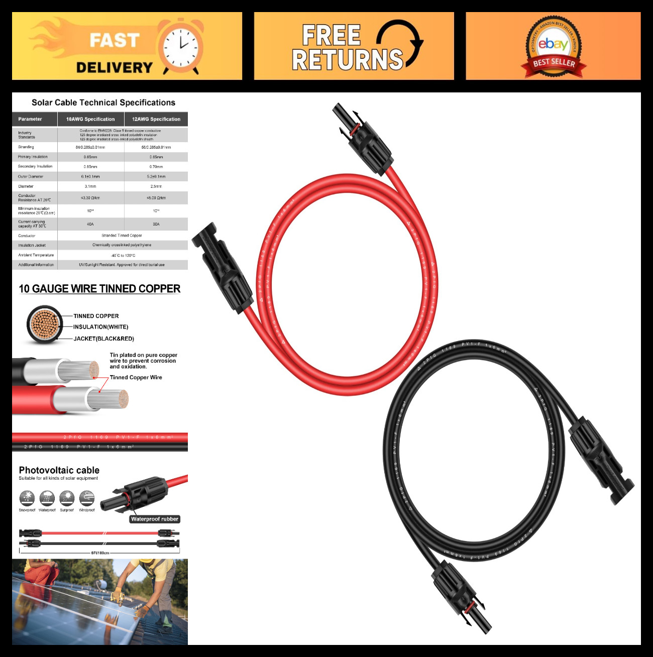 10AWG Solar Panel Extension Cable 6ft Black & Red Wire, Male/Female Connectors