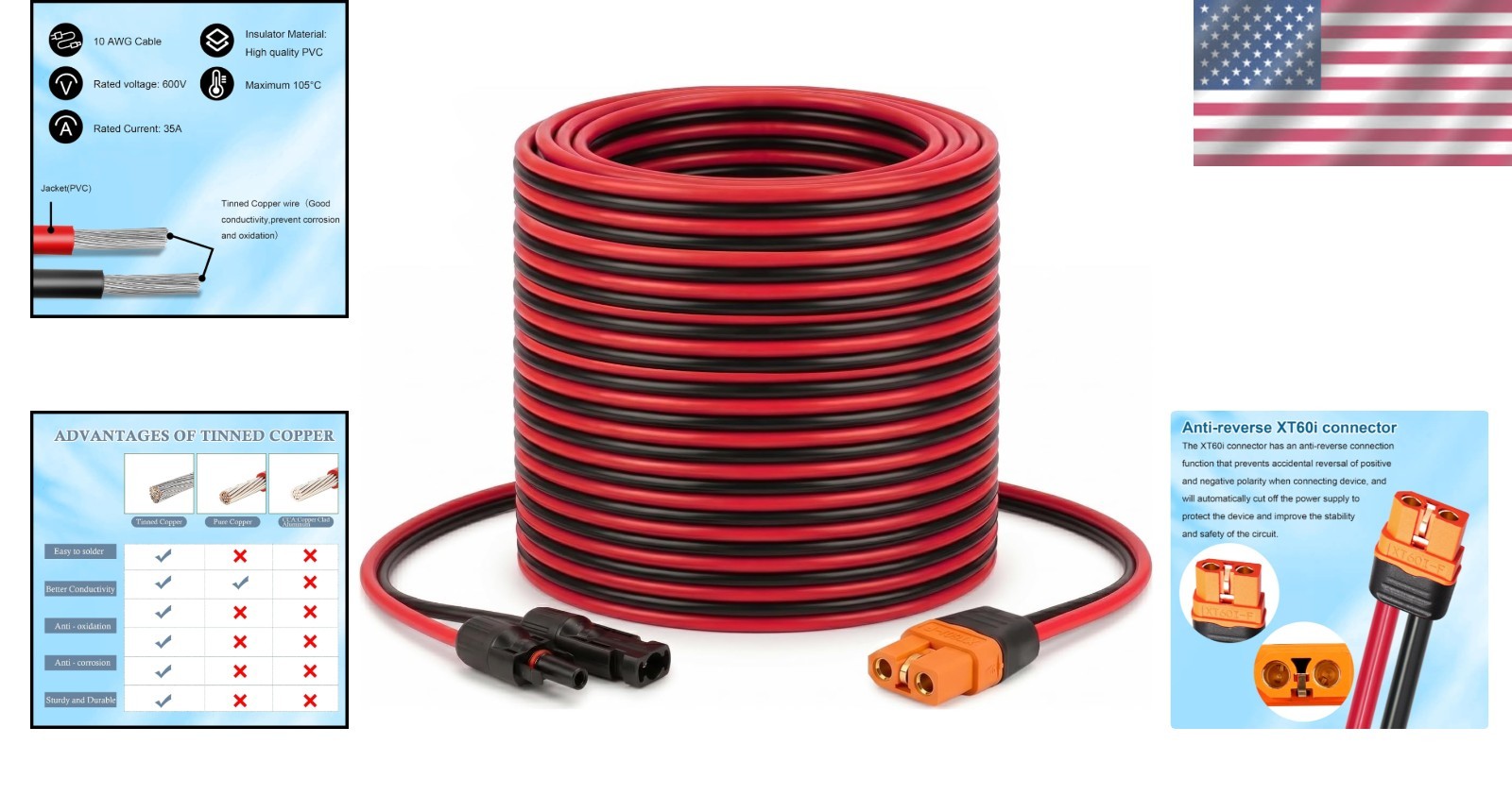 35ft Solar to XT60i Cable 10AWG Male-to-Female Connector