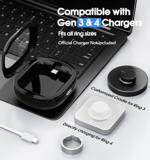 Charging Case for Oura Ring Gen 4 & 3 Charger, 2000mAh Portable Travel Black
