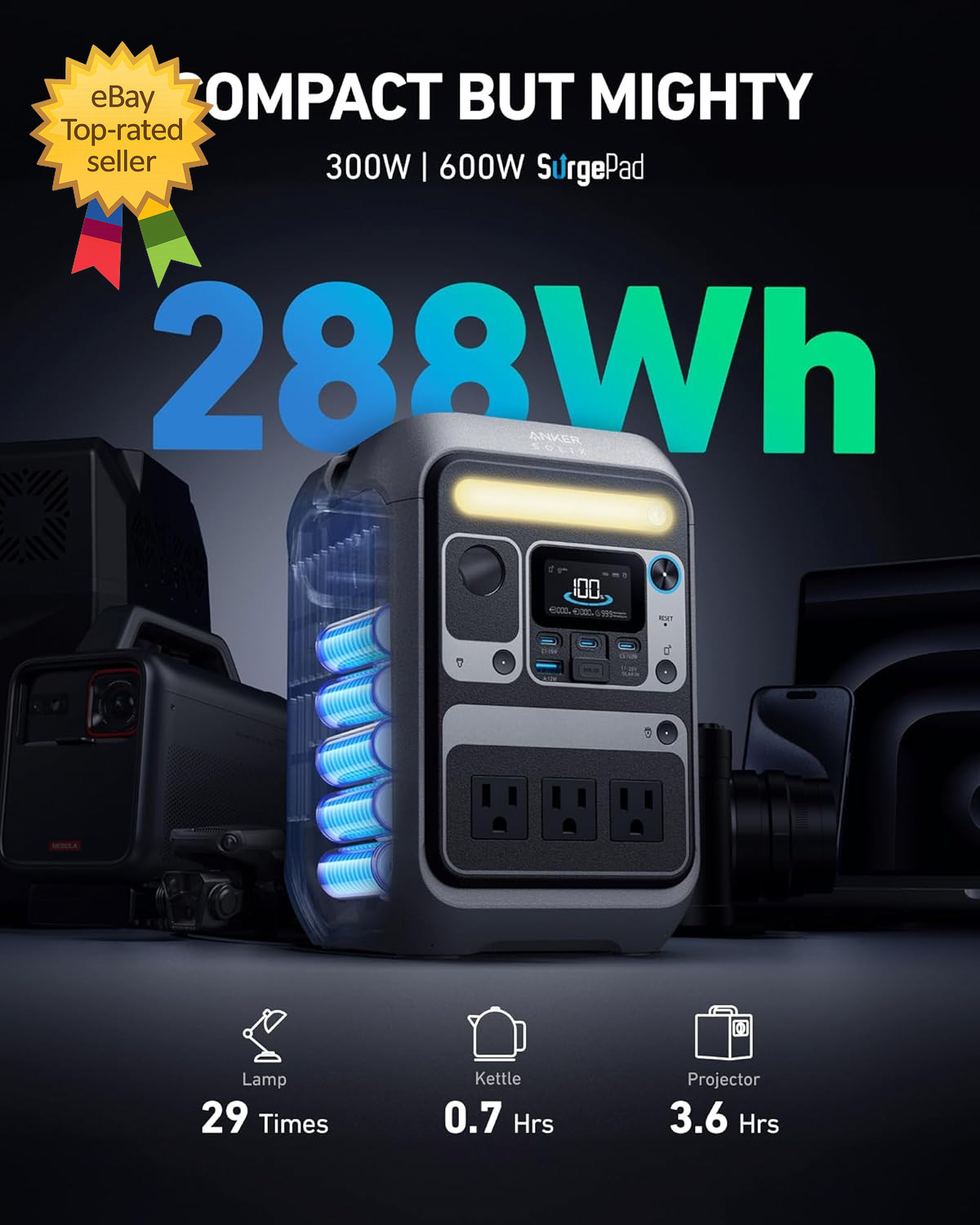 Portable Power Station SOLIX C300, 288Wh Lifepo4 Battery 300W 600W Surge
