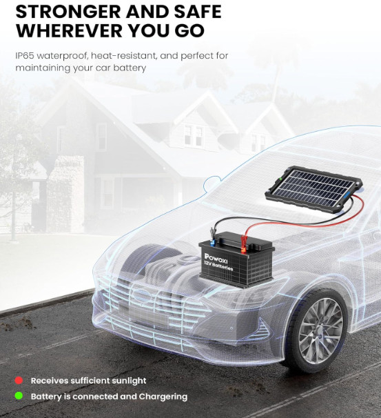 POWOXI 7.5W 12V Solar Battery Trickle Charger Maintainer Waterproof