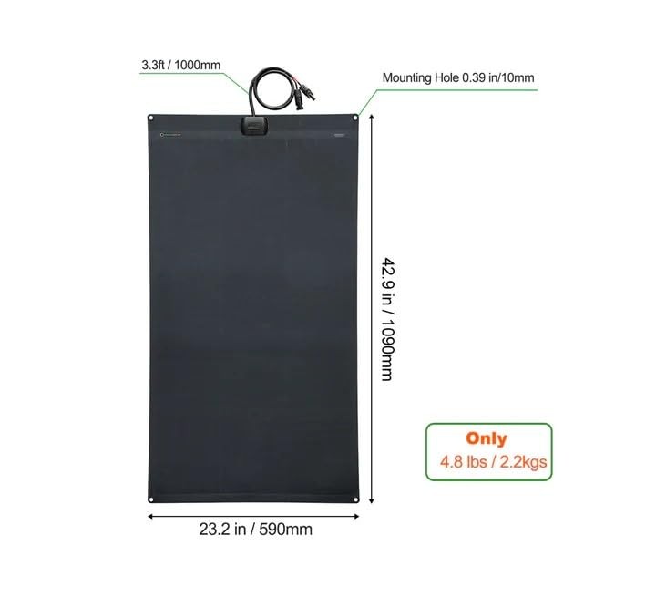 Flexible Solar Panel 130W 12V ETFE,42.9in x 23.2in Semi 130W/23.2in x 42.9in