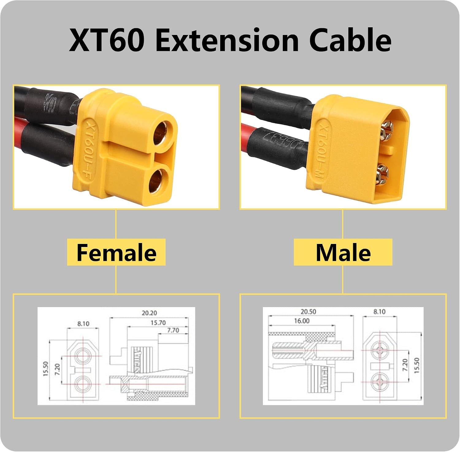XT60 Extension Cable 12AWG 30A Male to Female RC Battery Power Cord 1M