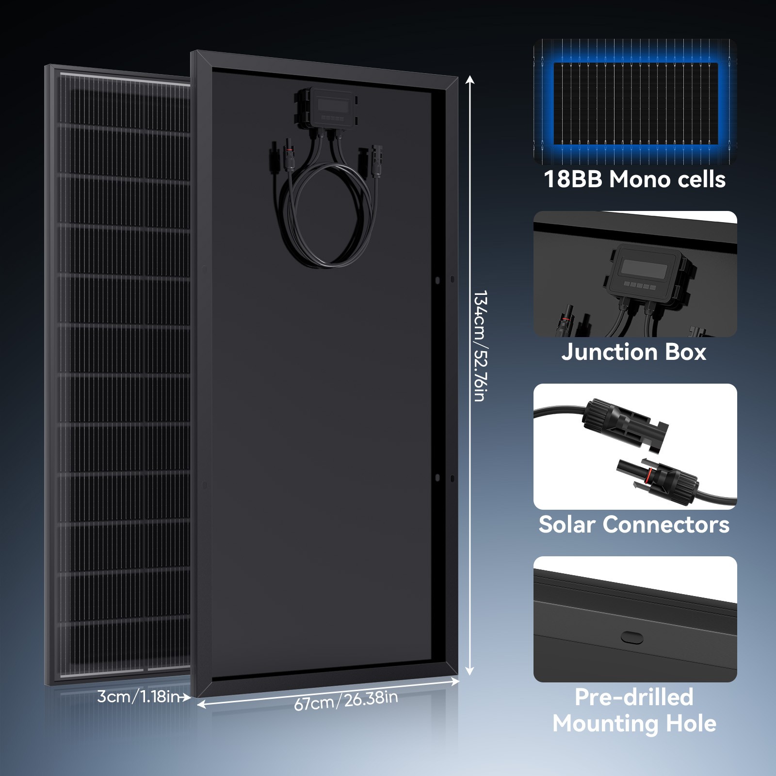 12V 200W Solar Panel Mono Black N-Type 18BB 25% High-Efficiency Home RV Off Grid