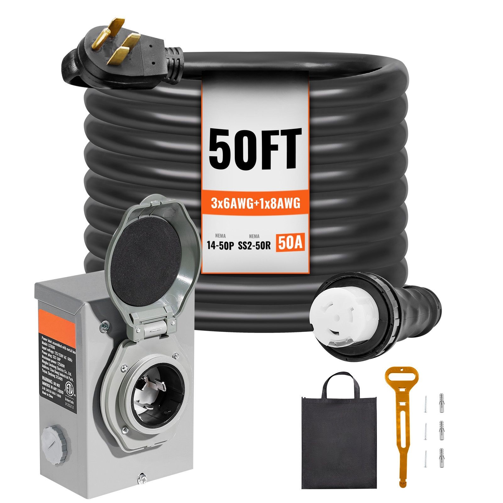 50 Amp Generator Cord and Power Inlet Box Kit, 50FT, NEMA 14 – 50P/ SS2 – 50R