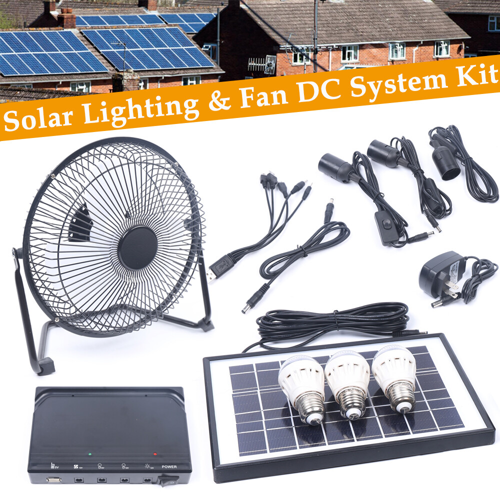 Solar Power Energy Lighting System Kit Set W/ 3 LED Lights, 1*Fan, 1 Solar Panel