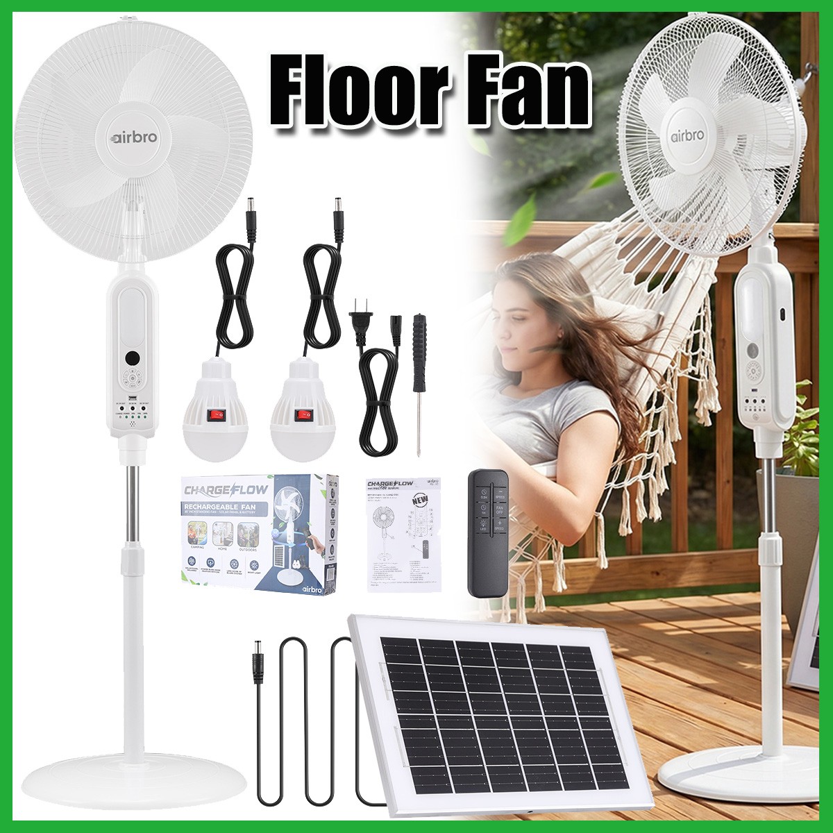 16″ Rechargeable Floor Standing Fan + 2PCS LED Bulbs w/ Remote AC & Solar Charge