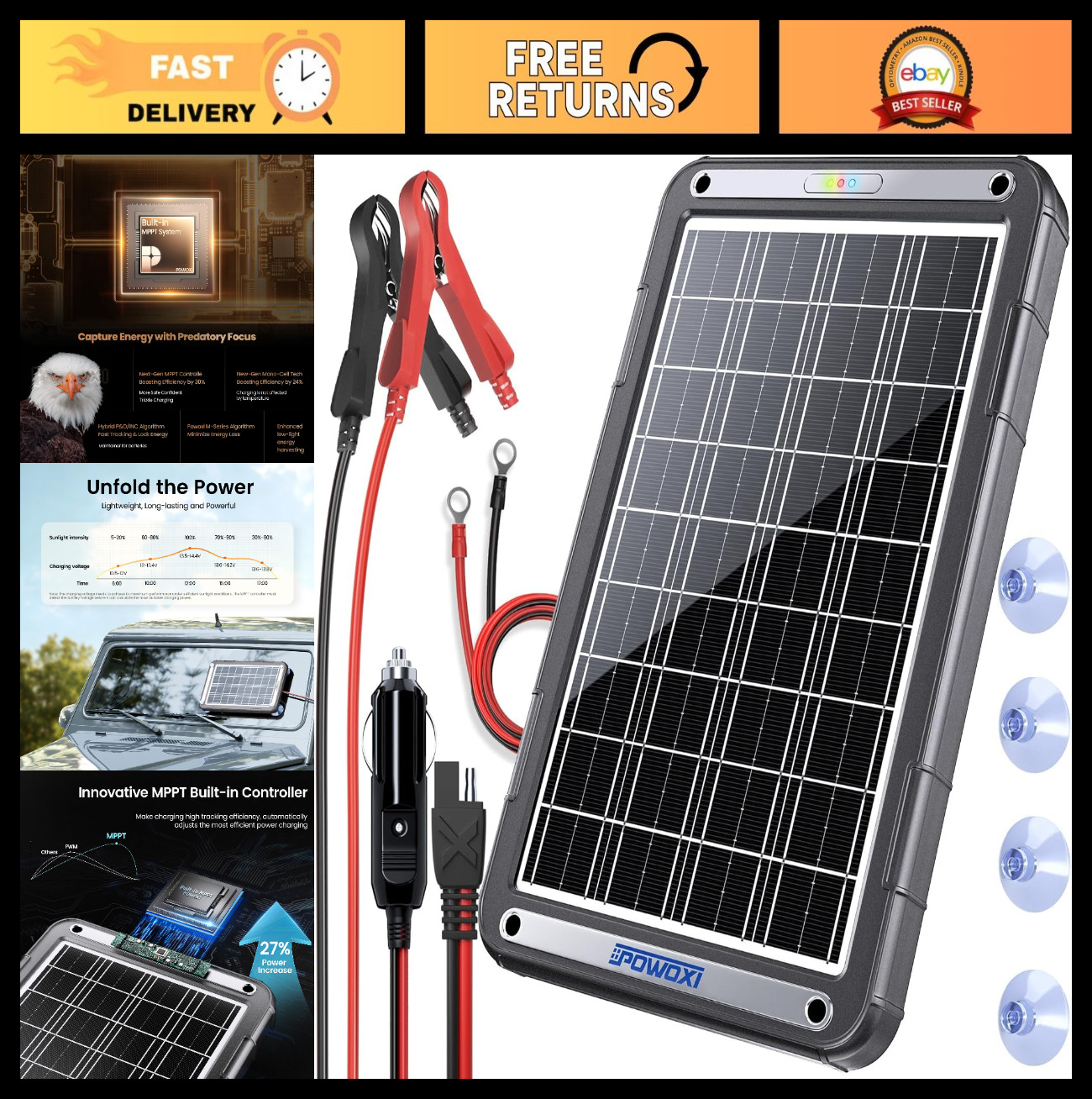 12V Solar Car Battery Charger – 15W Trickle Charger Maintainer for RV, Boat, Mot