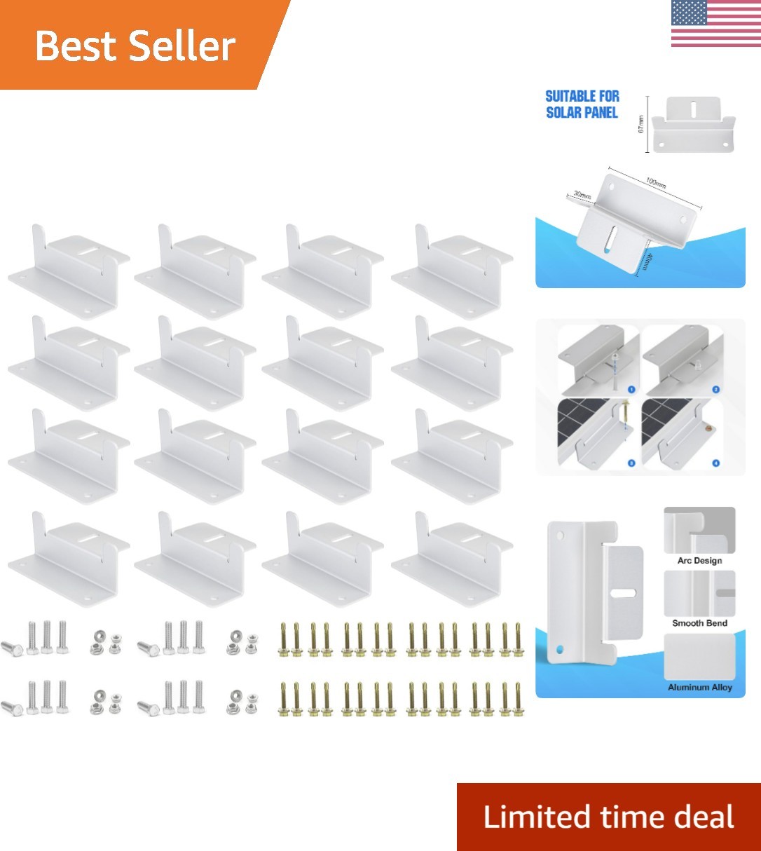 16 Units Solar Panel Mounting Brackets,Z Bracket Sets Lightweight Aluminum Co…
