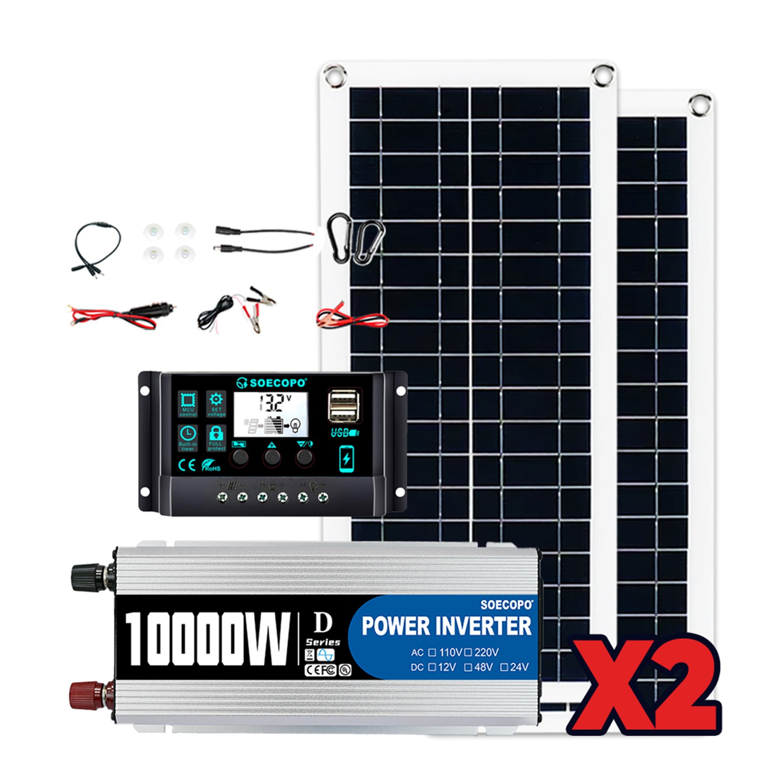 10000W Inverter (12V-110V/220V) + 2pcs Solar Panels + Charge Controller 100A