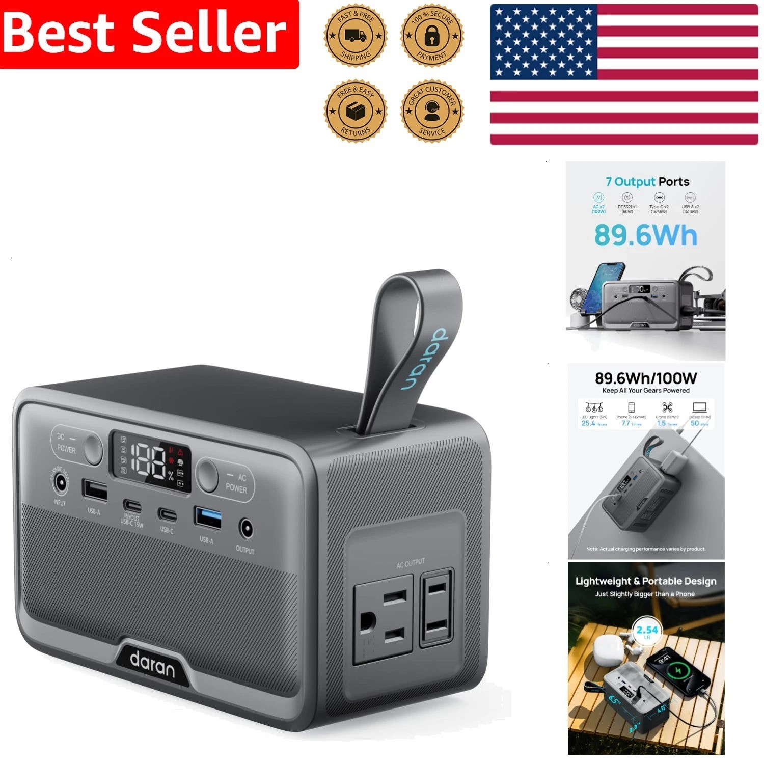 Small Generator 89.6Wh Power Station LiFePO4 Battery Silent AC Output Camping