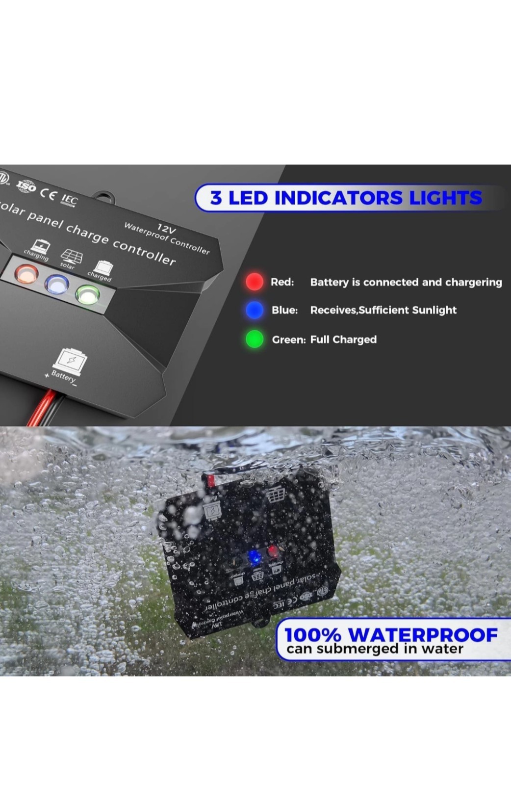 Voltset Solar Charge Controller, 10A 12V Waterproof Solar Intelligent Regulator