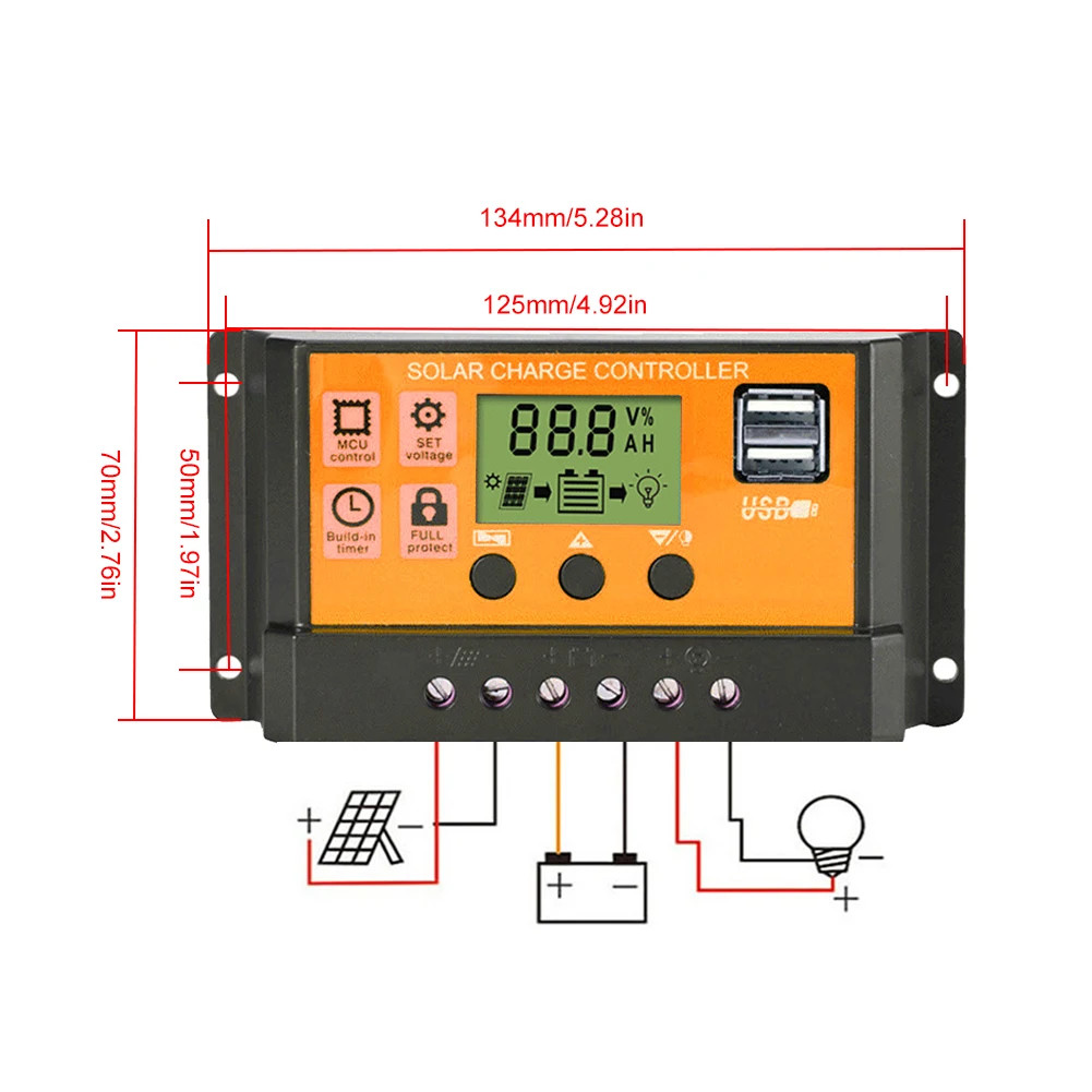 100A PWM Solar Charge Controller LCD 12V/24V Lithium Battery Panel Regulator USA