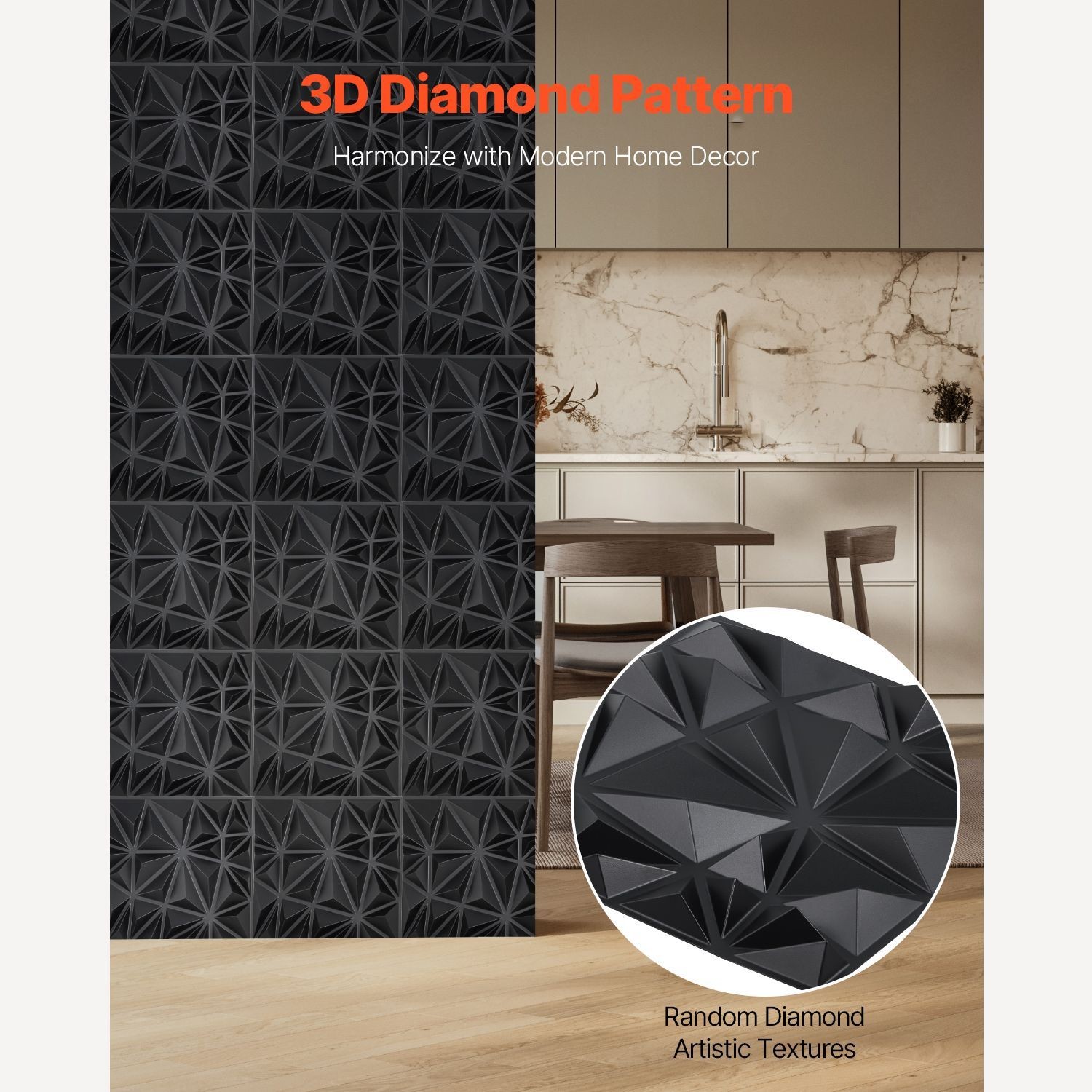33 – Pack 11.81×11.81 in PVC 3D Diamond Wall Panels, 32 Sq Ft, Matte Black for