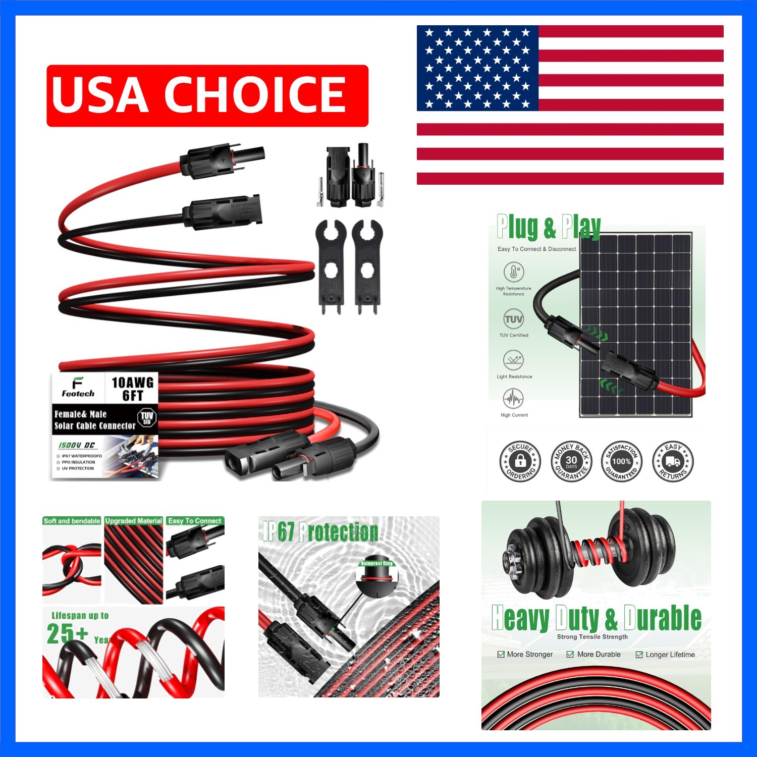 Twin Wire 6FT Solar Extension Cable – 10AWG 6mm² Solar Panel Connector, with …