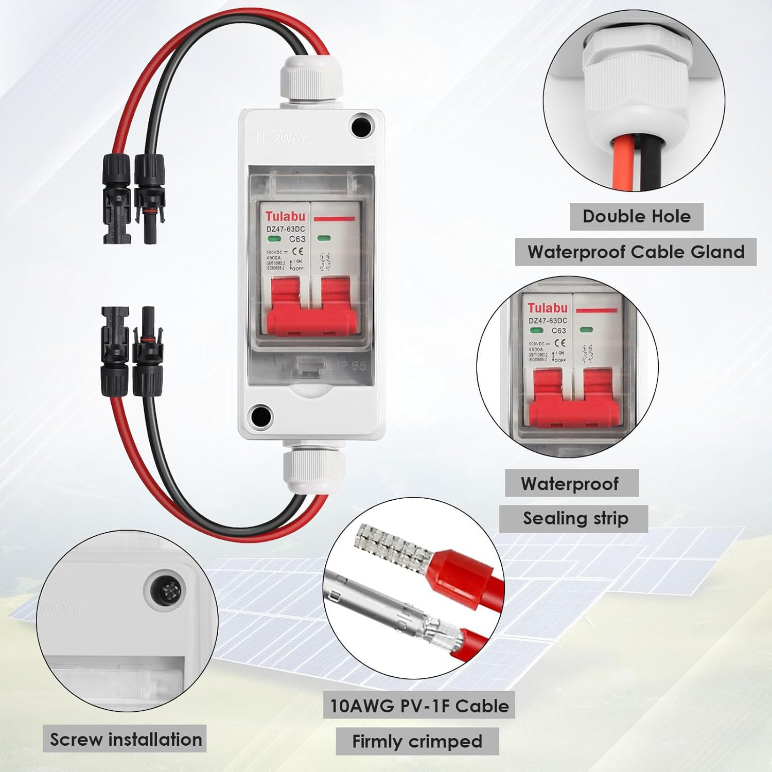 Solar Panel Disconnect Switch 63A DC AC Circuit Breaker Box Outdoor IP65 PV