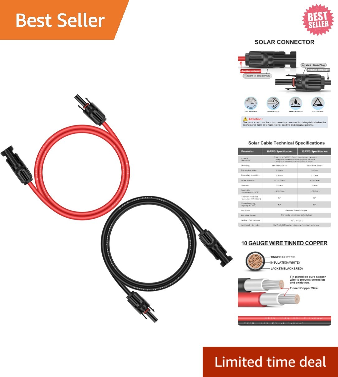 6ft UV Resistant Solar Panel Extension Cable – 10AWG Copper Wire, Weatherproof