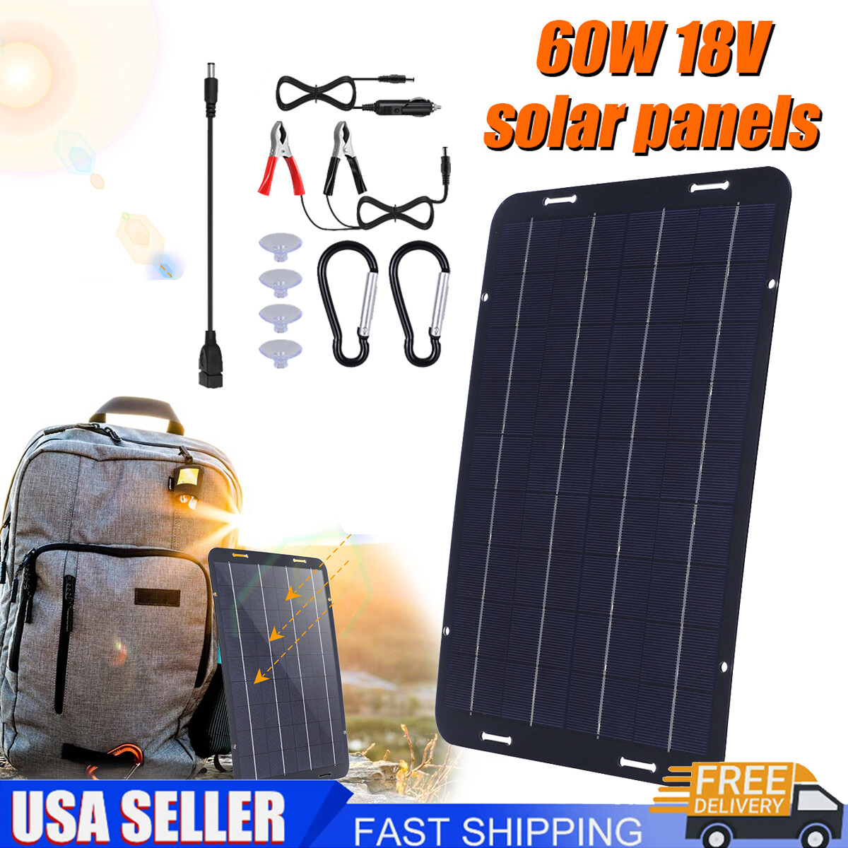 60W 18V Portable Solar Panel Kits for Boat RV Car Camping w/ USB & Car Charger