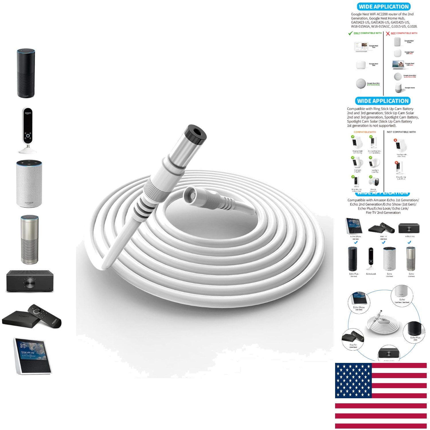 Easy Install 10ft Barrel Plug Extension Cable Compatible with Ring & Google Nest