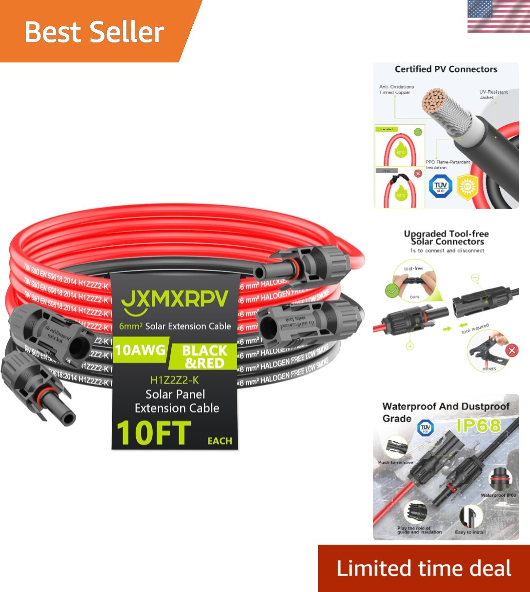Extension 10Ft 10AWG, Solar Wire with Tool-Free Solar Connectors, Waterproof …