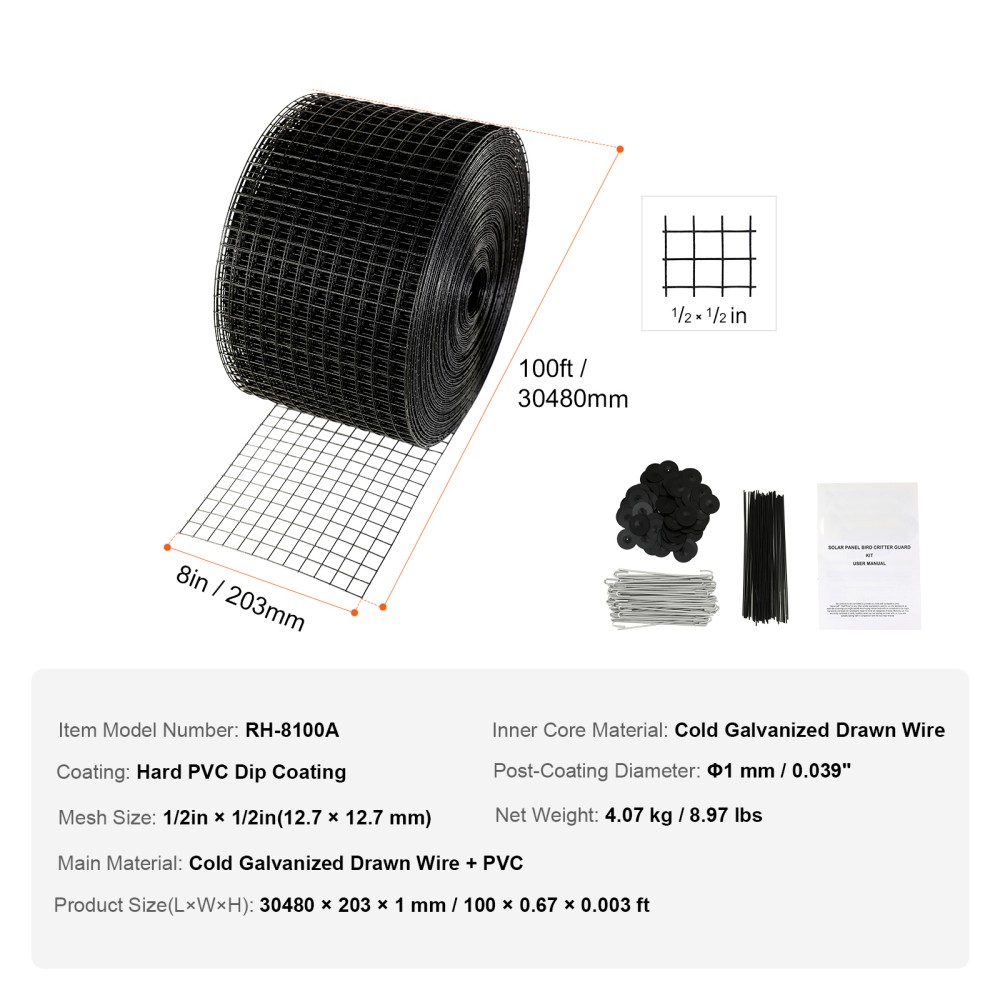 8 Inch x 100ft Solar Panel Bird Guard Critter Guard Roll Kit 70 Fasteners