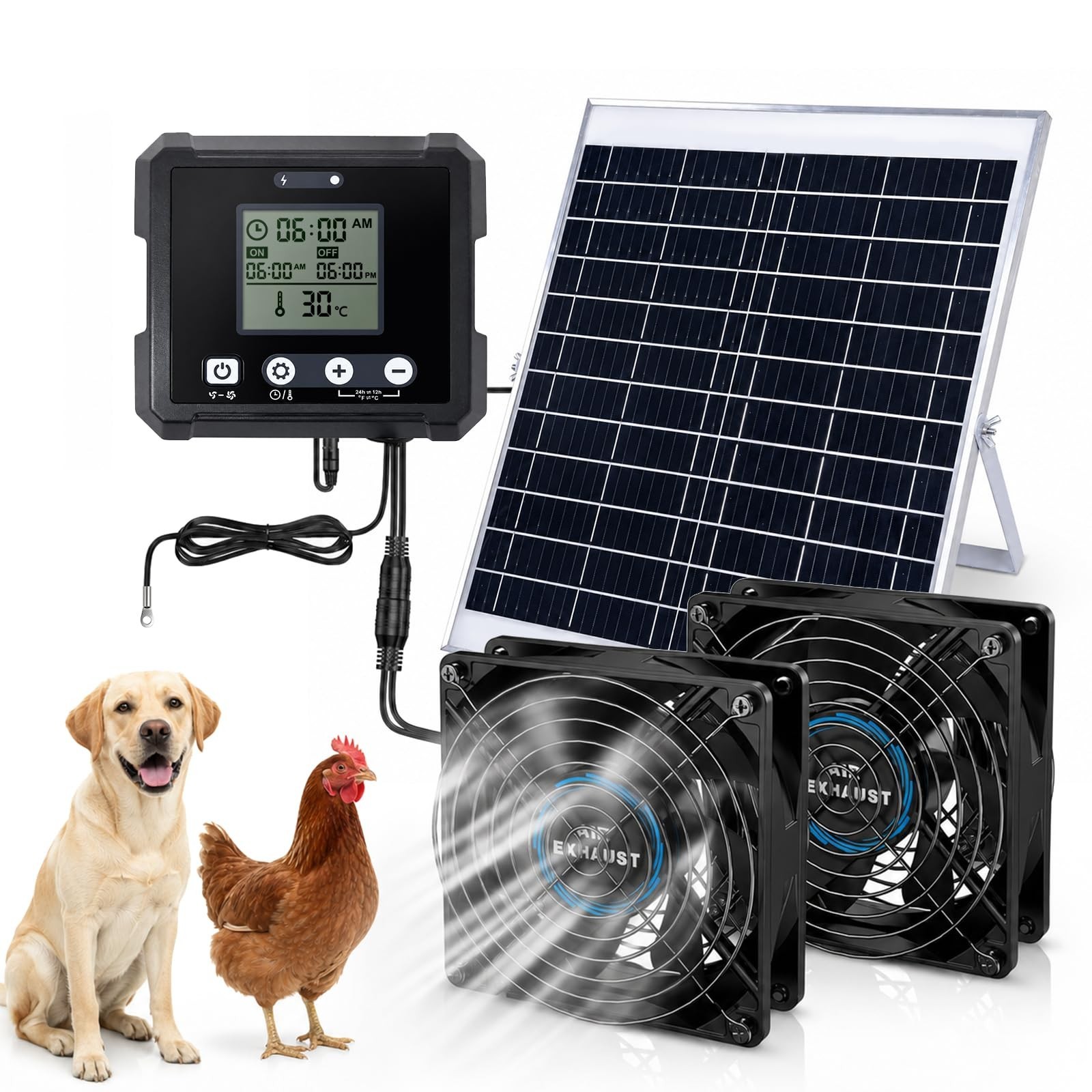 25W Solar Exhaust Fan for Chicken Coop & Greenhouse, Dual Vent, 2500mAh Battery,