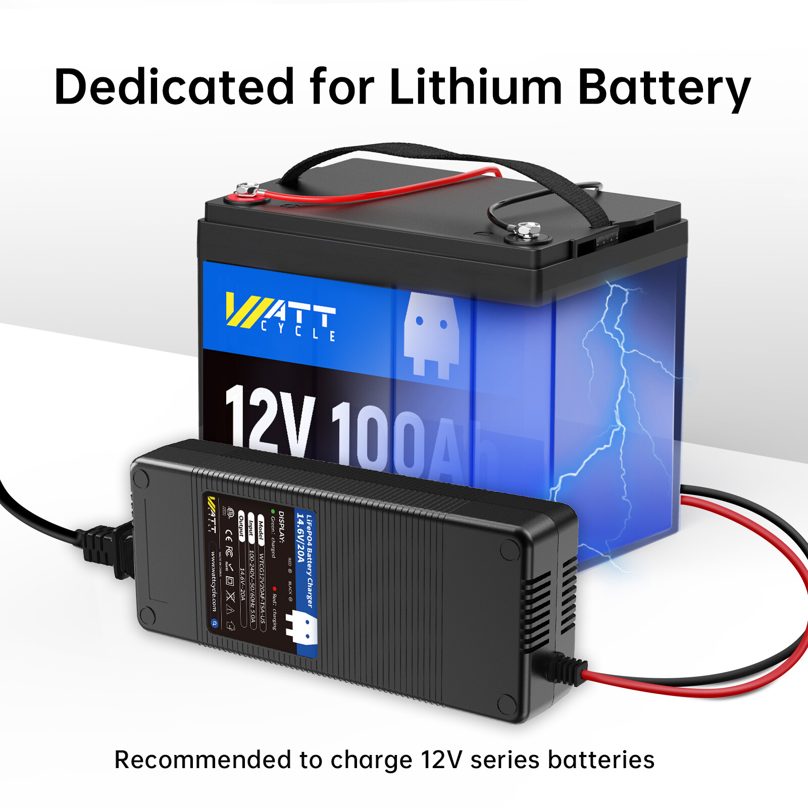 WattCycle 12V 14.6V 20A Smart Lithium LiFePO4 Battery Charger for RV Marine