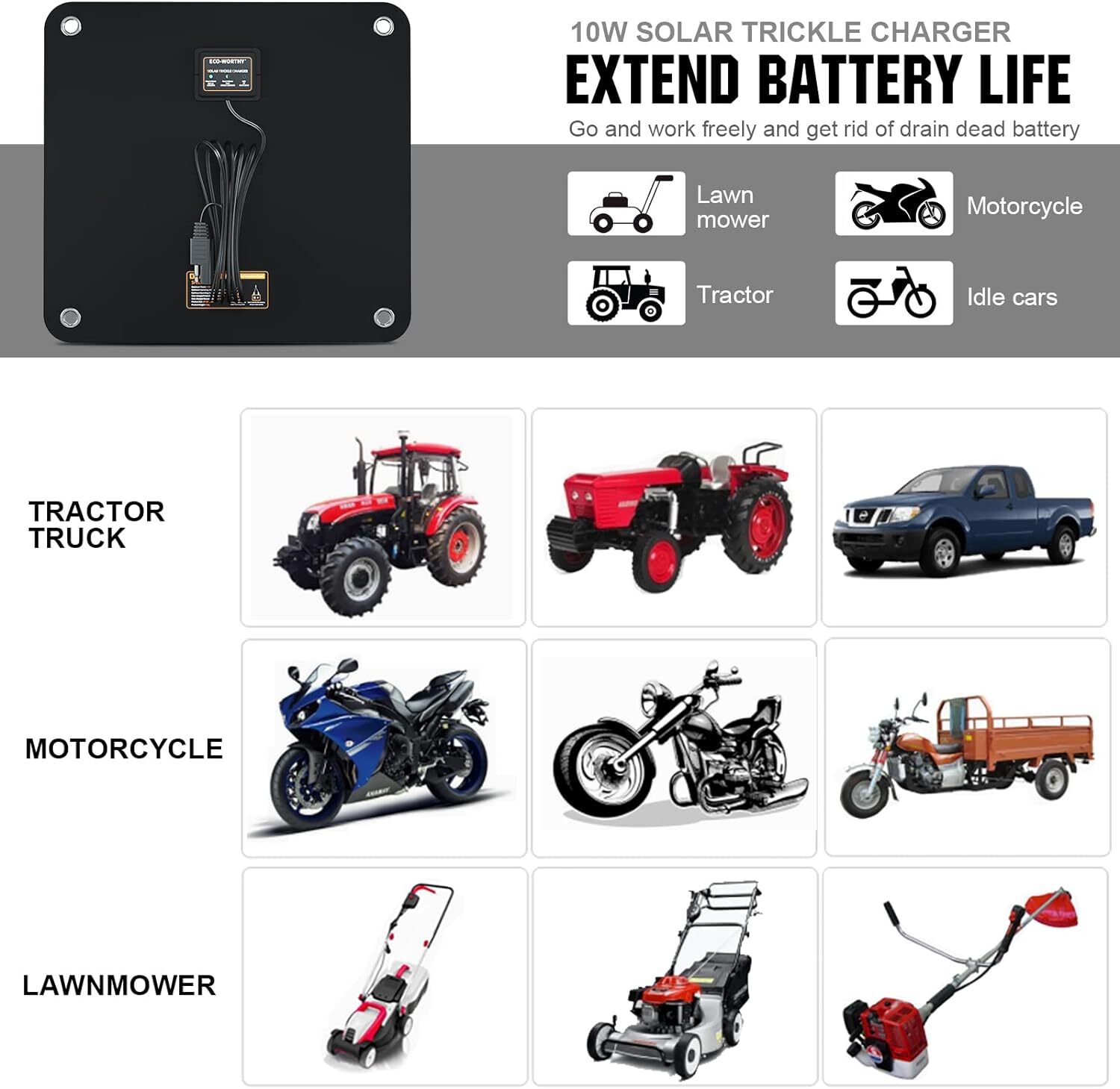 10W Solar Car Battery Charger Maintainer – 12V Waterproof Panel Trickle Charger
