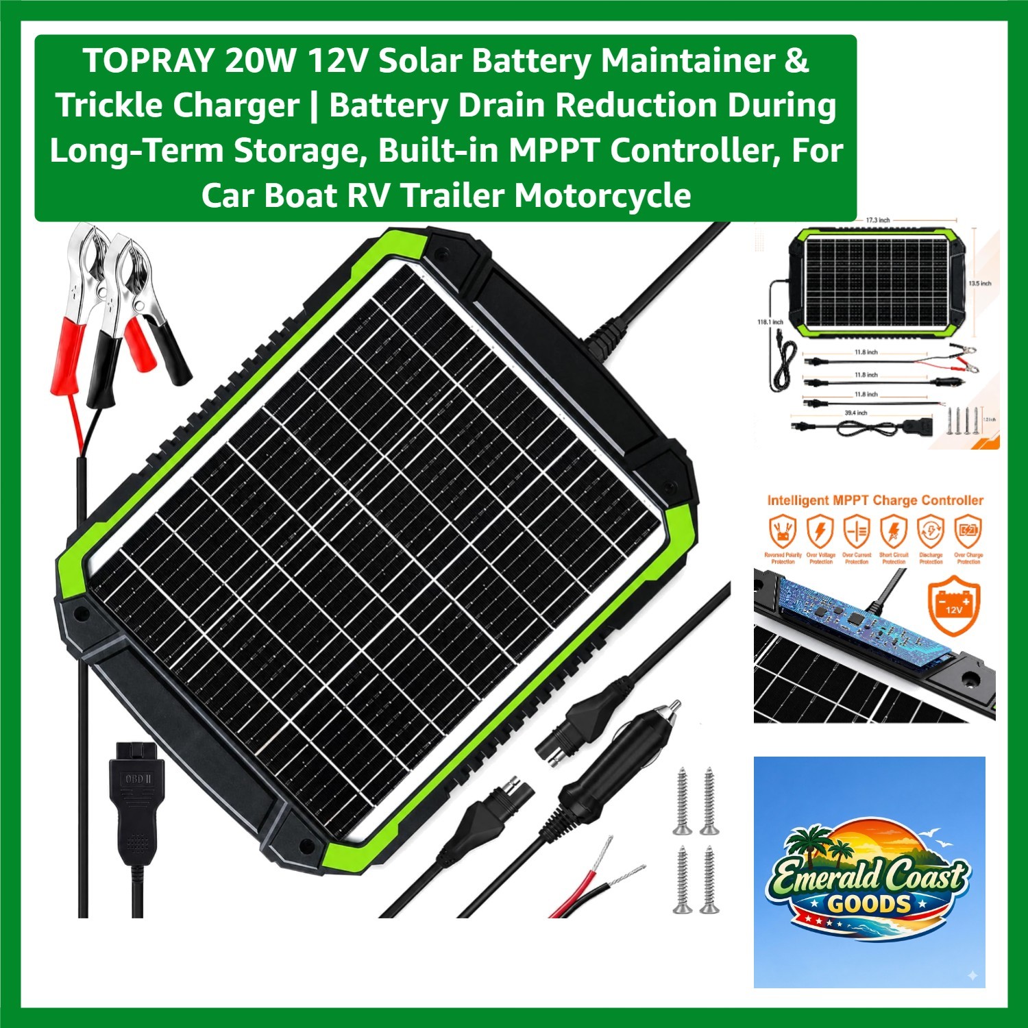 TOPRAY 20W 12V Solar Battery Maintainer & Trickle Charger | Battery Drain Red…