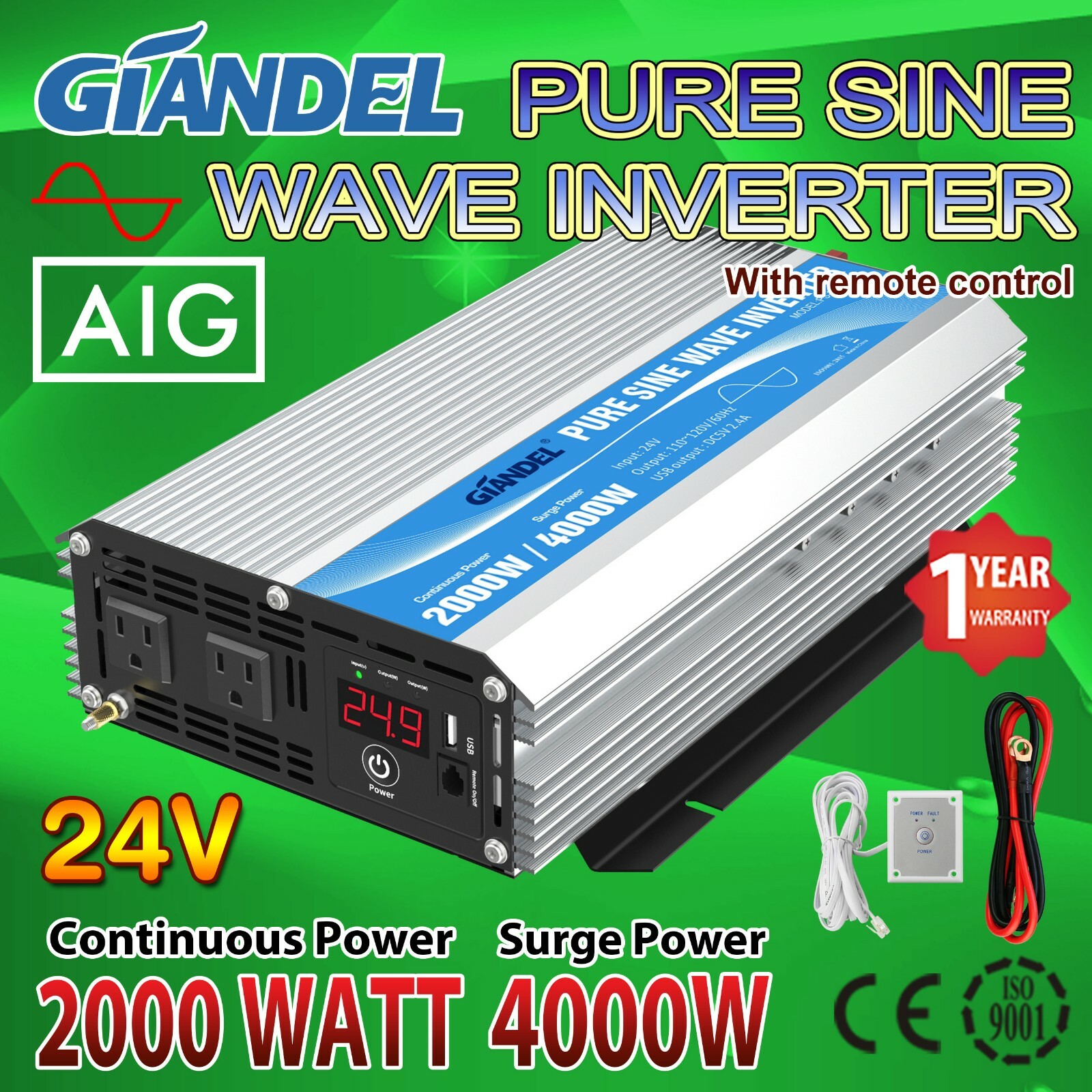 Pure Sine Power Inverter 2000W 24V to 110V~120V with Dual AC Outlets LED Display
