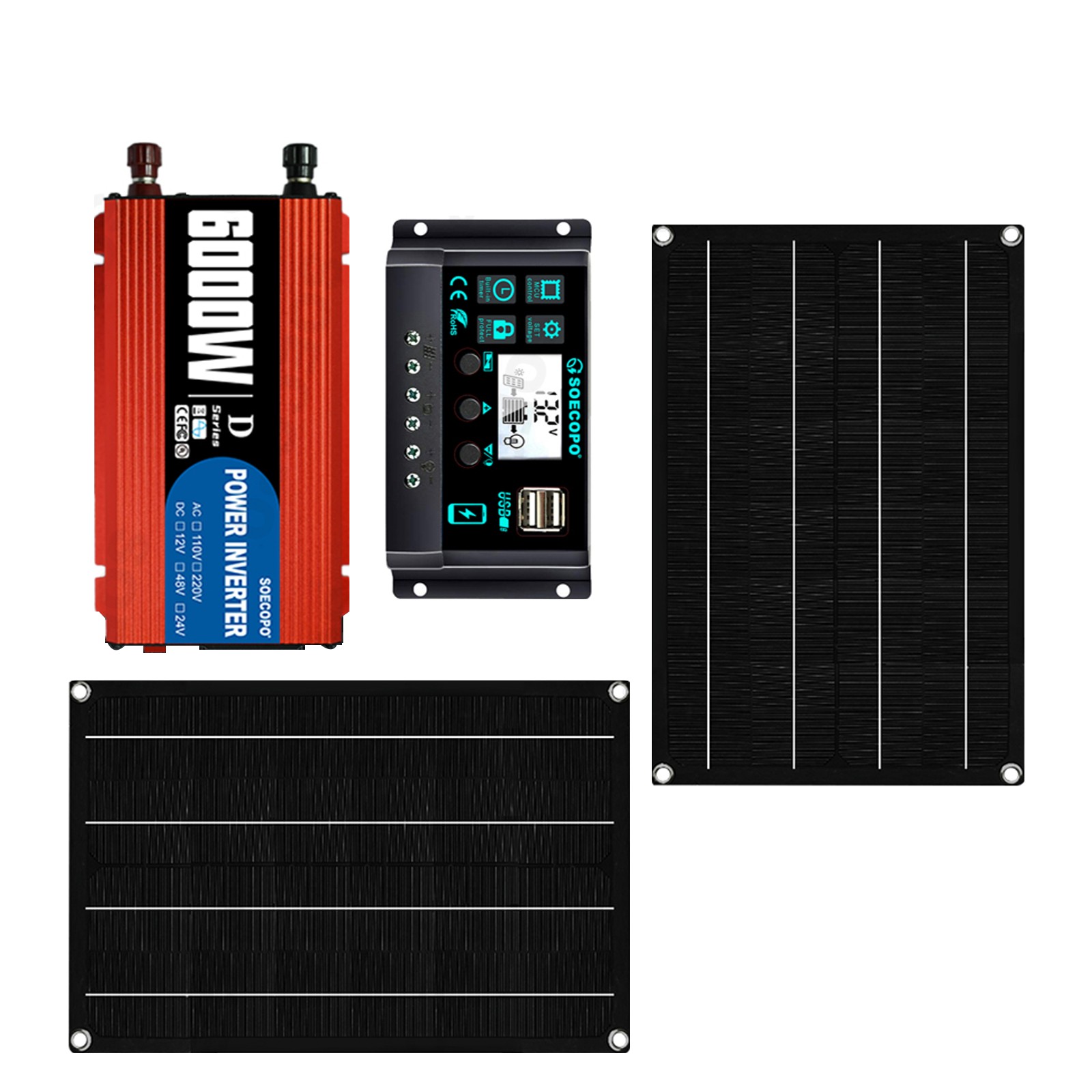6000W Solar Kit DC12V-AC 110V/220V Inverter + 2pcs Solar Panels+ 100A Controller