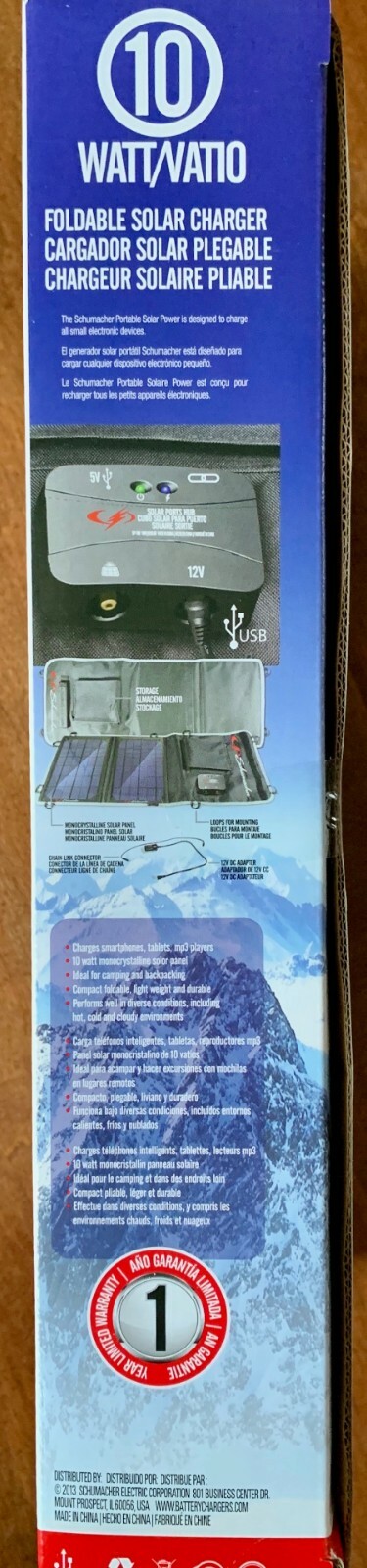 Schumacher SP-100 10W Foldable Solar Panel Charger, Power Regulation, Chainable