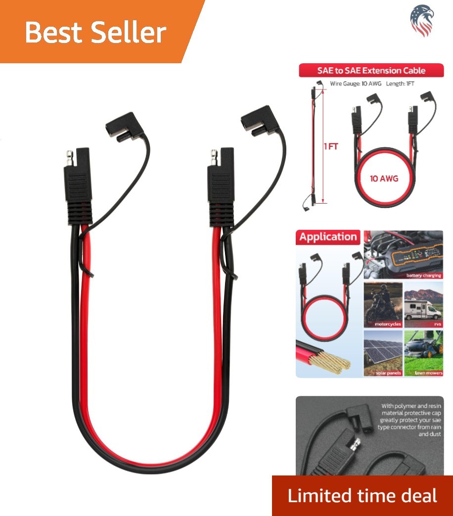 10AWG SAE Extension Cable 1ft Compatible Solar RV Automotive Dual Prong
