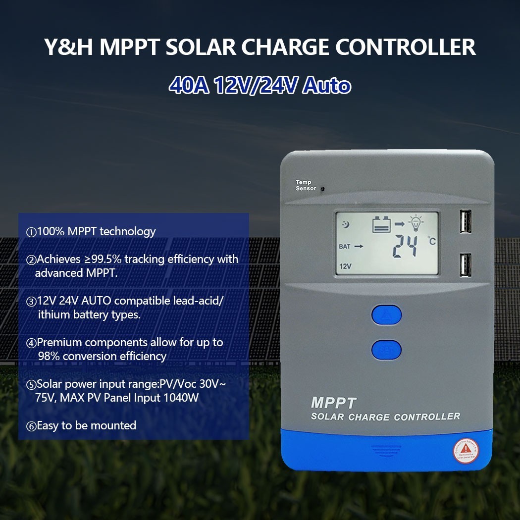 1040W 40A MPPT Solar Charge Controller 12V 24V Battery Regulator LCD MAX PV 75V