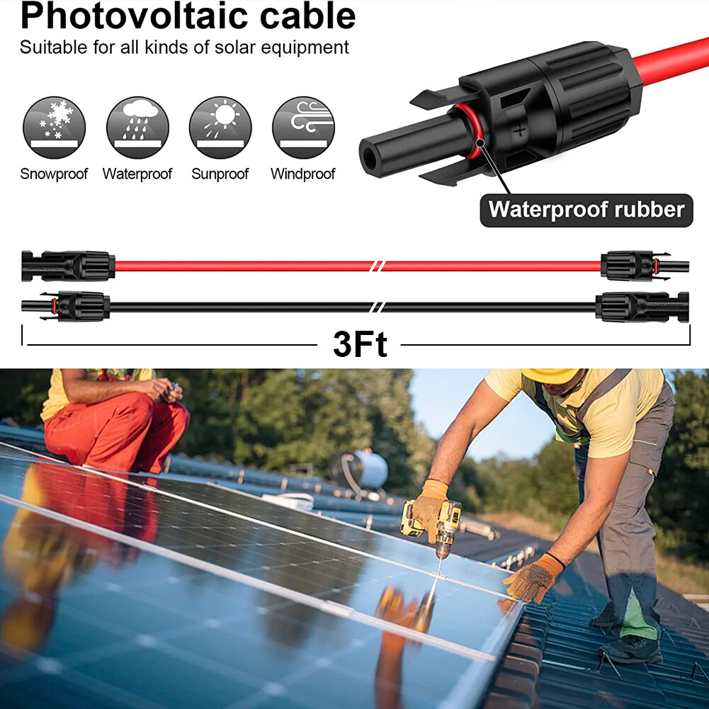 10AWG Black+Red Solar Panel Extension Cable 50Ft + 50ft Female & Male Connectors