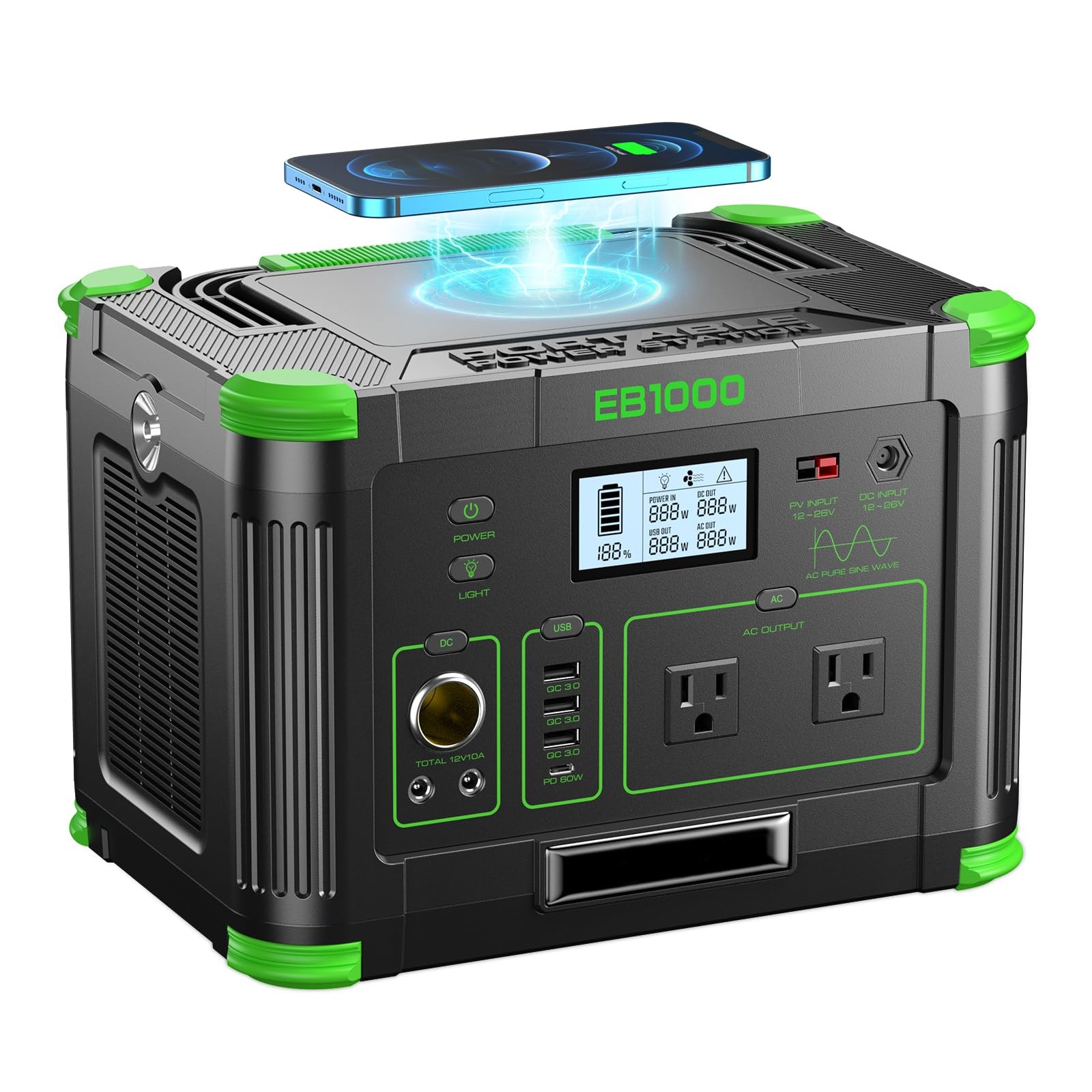 999Wh Solar Generator 1000W Peak 2000W, Portable Power Station with Pure Sine…