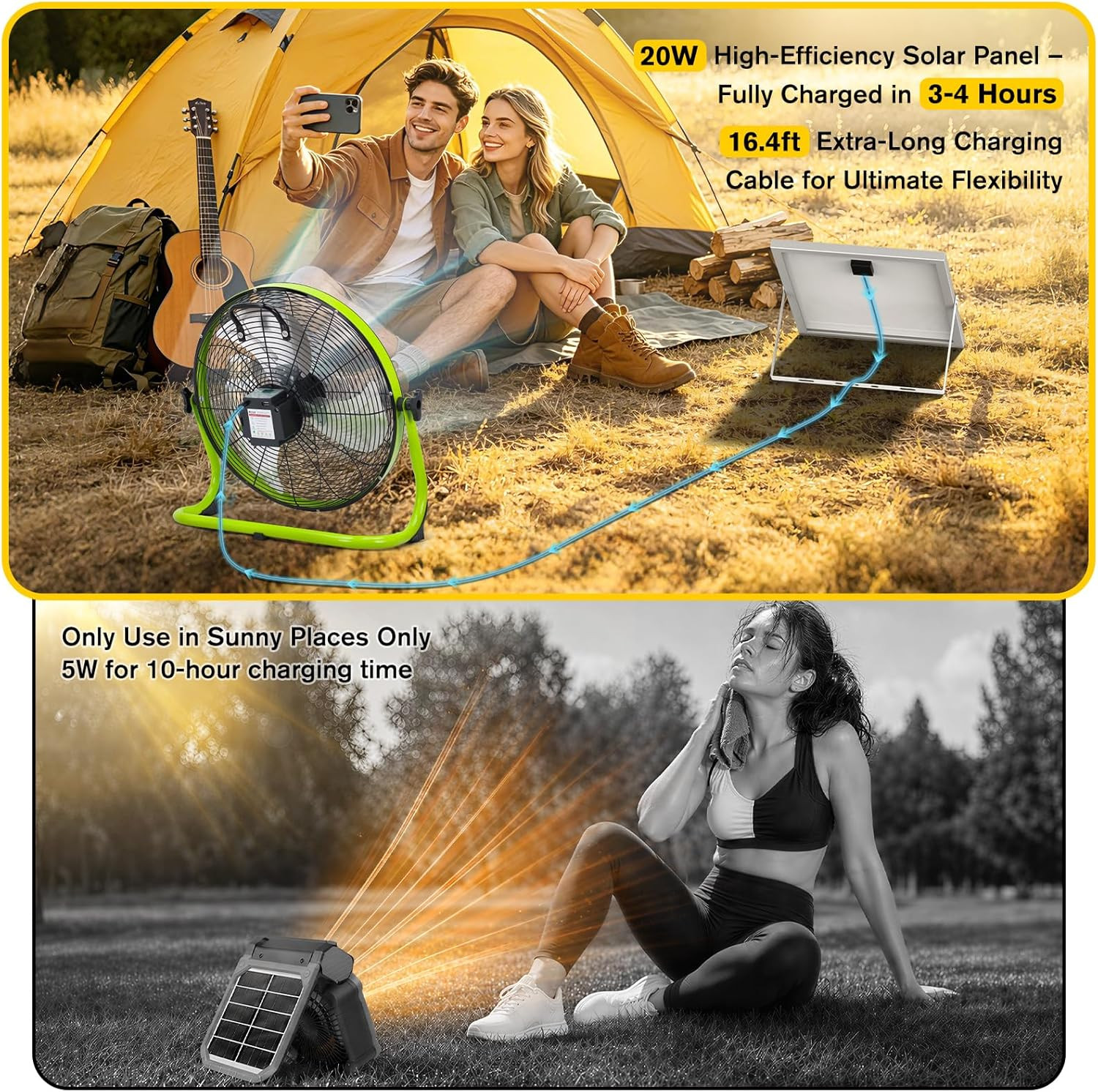 14″ Solar Powered Fan with 20W Solar Panel & Rechargeable Battery, Portable, Qui