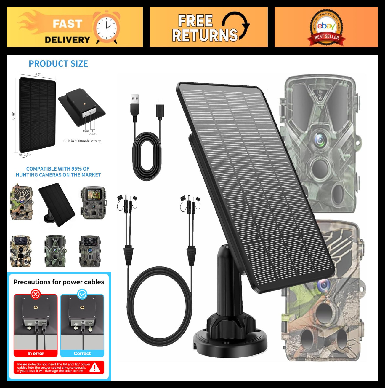 Solar Panel Charger for Trail Cameras – 5000mAh Rechargeable Battery, 12V/1A, IP