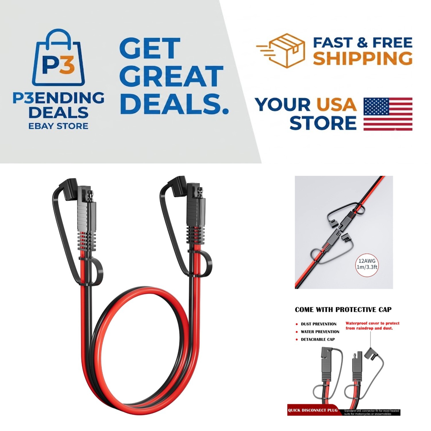 Portable 3.3FT SAE to SAE Automotive Extension Cord – Easy Plug & Play Usage