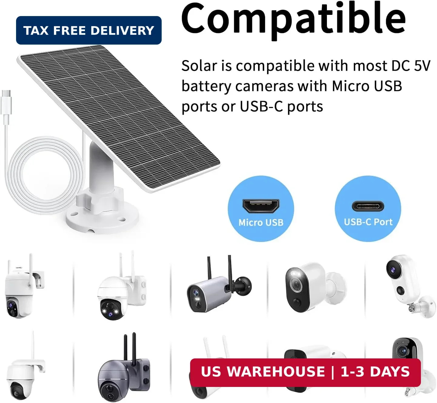 5V 5W USB Solar Panel for Outdoor Security Camera, USB C Solar Panel Charger wit